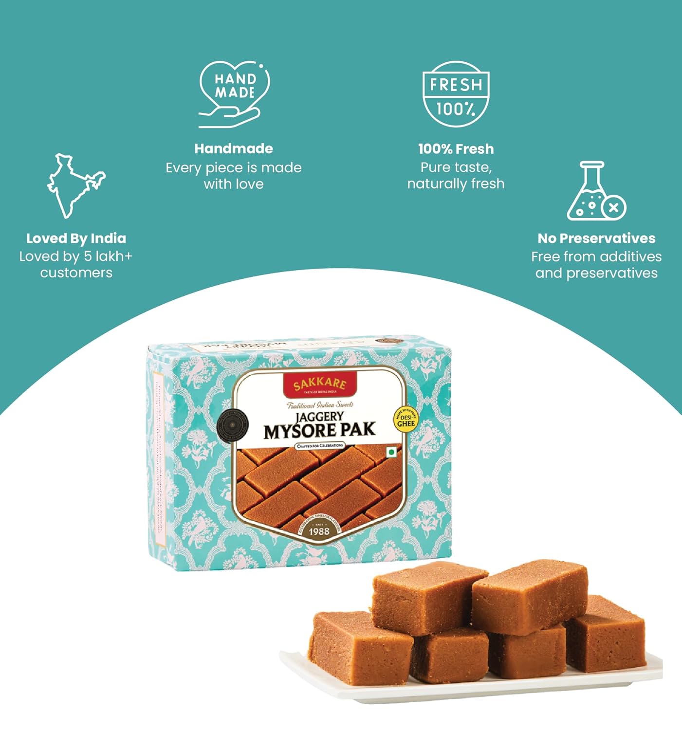 SAKKARE Jaggery Mysore Pak - Healthy Indian Sweet Box with Pure Ghee & Natural Jaggery - Soft, Melt-in-Mouth Festive Treat - 200g (Low GI, Sugar-Free Alternative) Mysorepak Sweets Box (1 Pack, 7.0, Ounce)