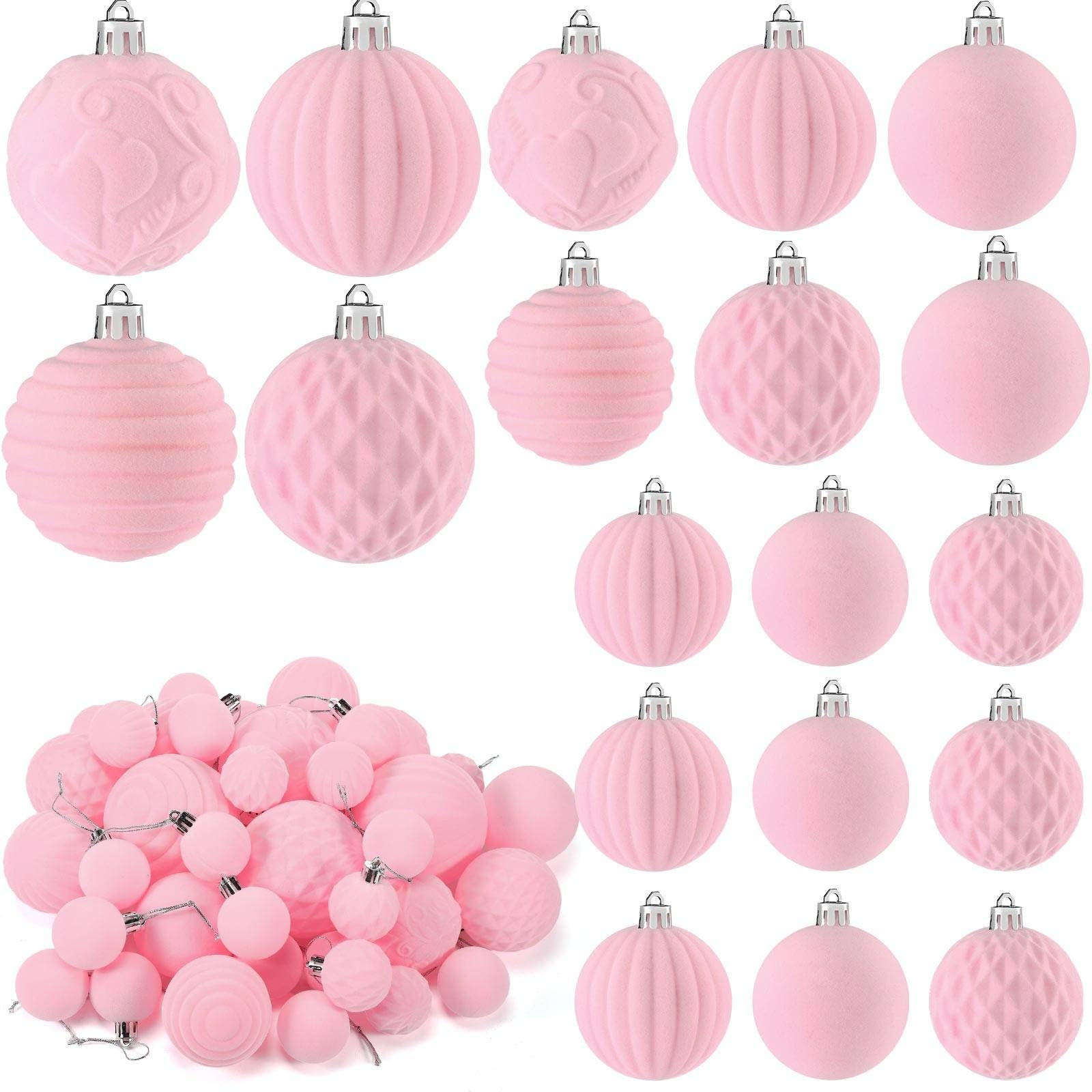 Hungdao Lot de 38 boules de Noël en velours floqué rose – 5 styles en 3 tailles – Décorations incassables à suspendre pour sapin de Noël