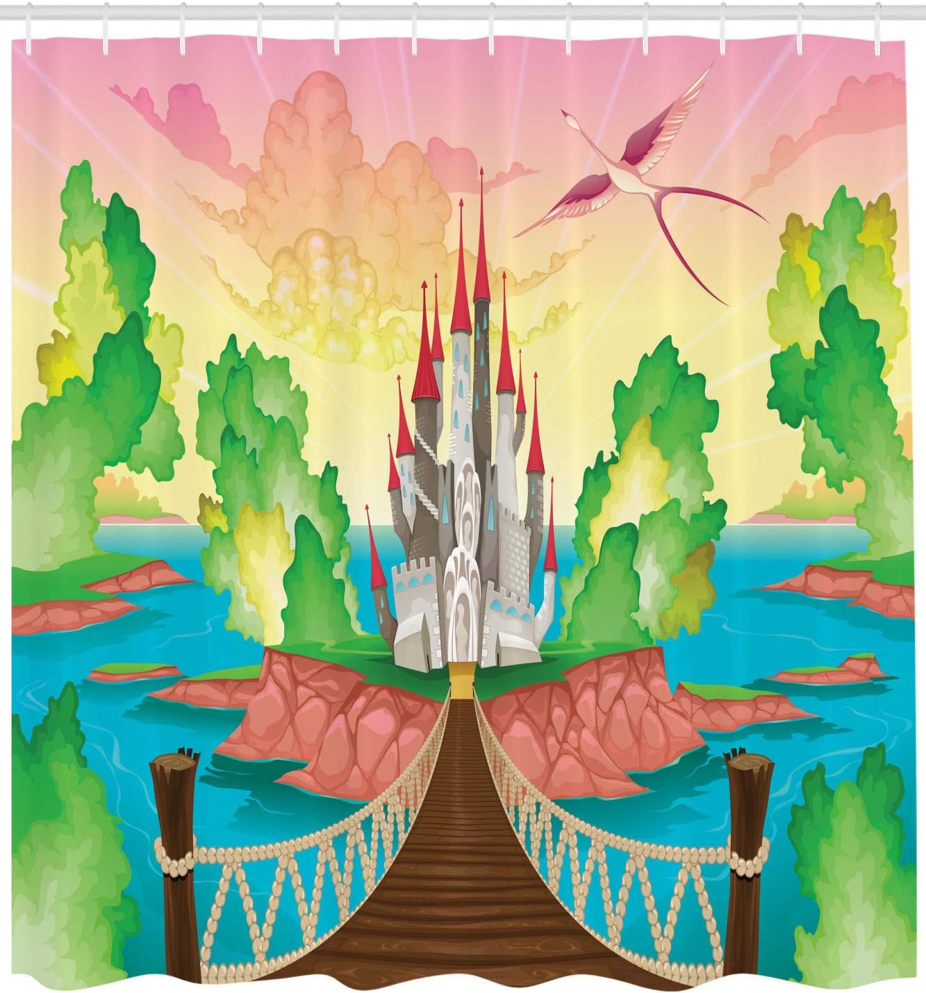 Ambesonne Cartoon Shower Curtain, Cartoon Castle Above Wooden Bridge and Phoenix Bird Dream World Girls Image, Cloth Fabric Bathroom Decor Set with Hooks, 69" W x 84" L, Multicolor Fern Green
