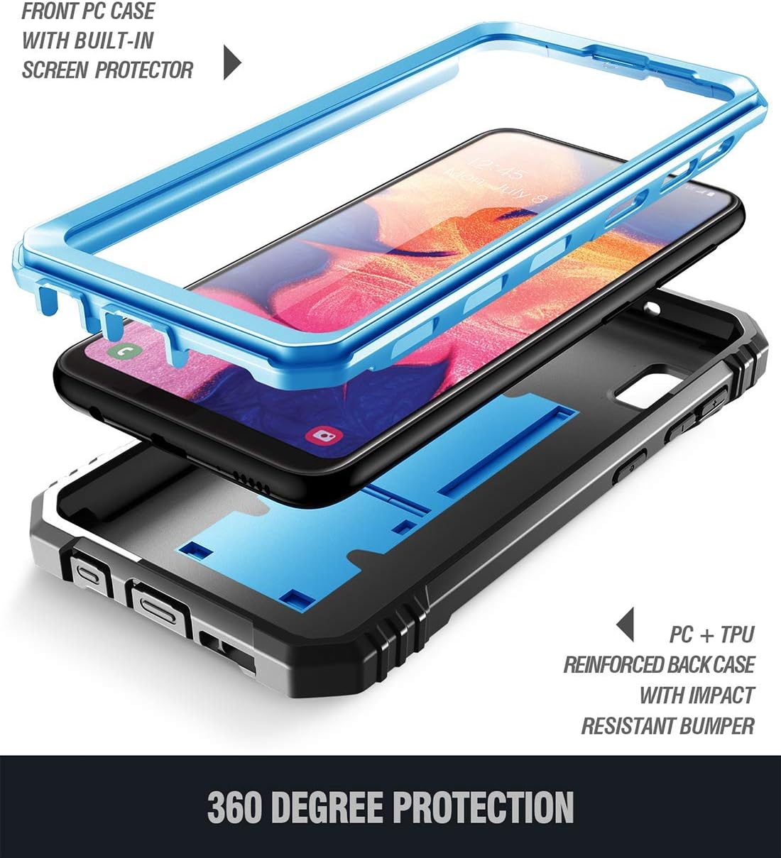 Galaxy A10E Rugged Case with Kickstand, Poetic Full-Body Dual-Layer Shockproof Protective Cover, Built-in-Screen Protector, Revolution Series, Defender Case for Samsung Galaxy A10E, Blue