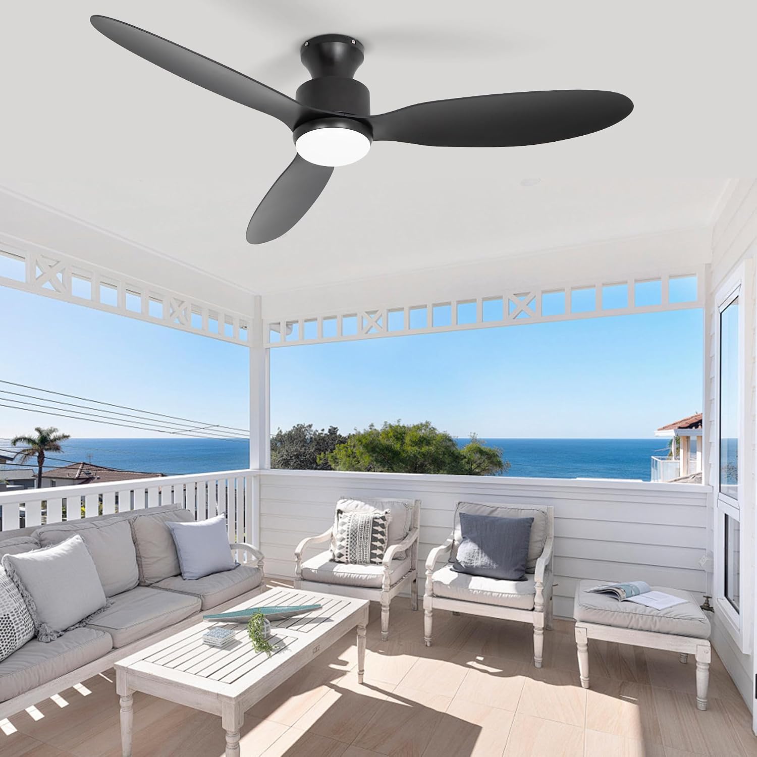 52 inch Black Ceiling Fans with Lights, 3 ABS Black Blade Flush Mount Low Profile Ceiling Fan for Bedroom. 6 Speed Reversible Motor 3CCT Dimmable, Modern Indoor Outdoor Fans with Remote Control