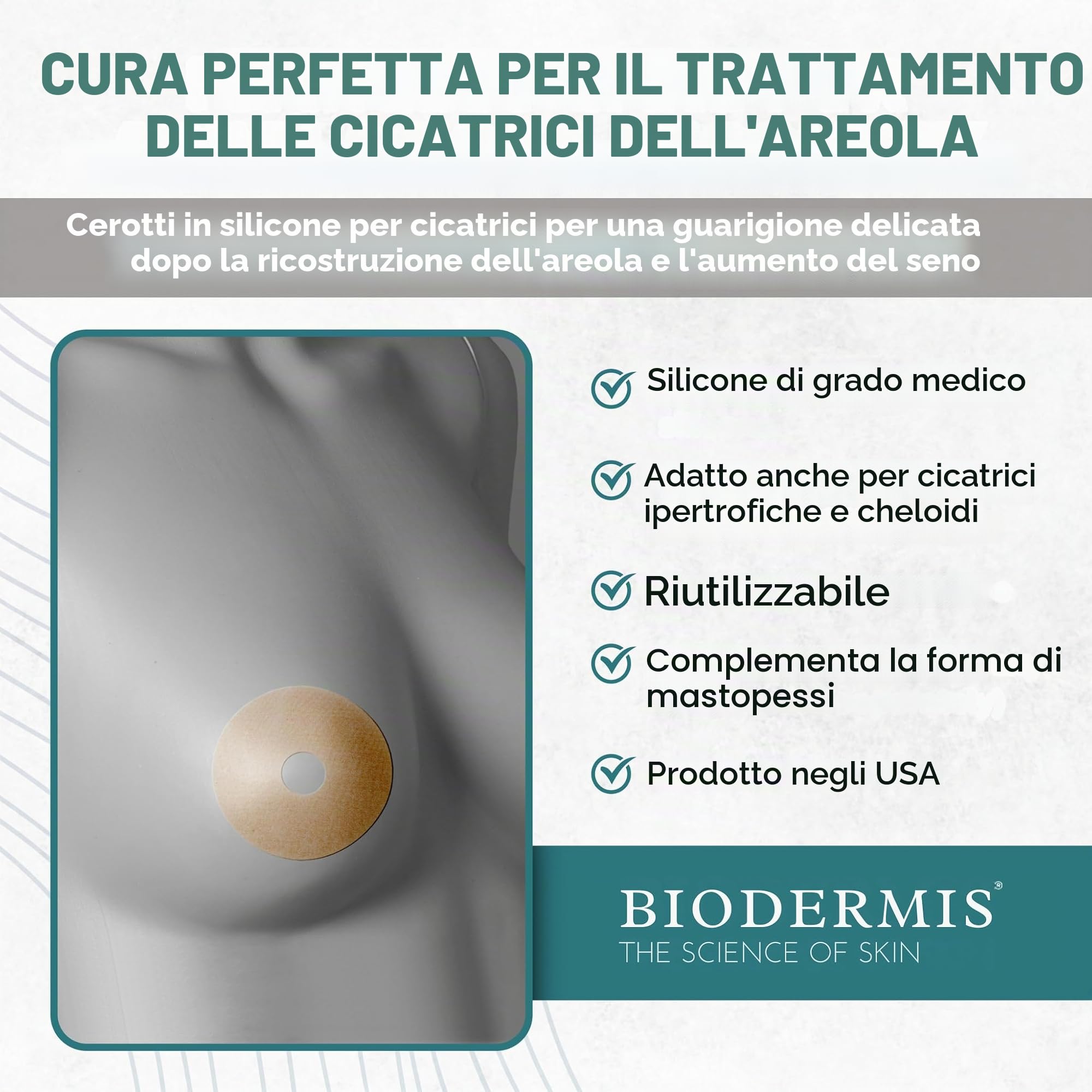 BIODERMIS - Cerotti Silicone Cicatrici | Riduce e Schiarisce Cicatrici | Adattabili a Tutte le Parti del Corpo | Riutilizzabile per Settimane, Color Carne, 1 unità, 100% Silicone