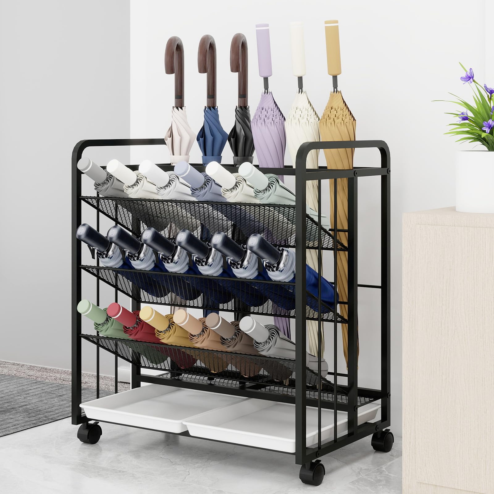 Natwind Umbrella Holder for Entryway,Large Umbrella Stand with Wheels,Commercial Umbrella Organizer Rack with Drip Tray for School,Office, Hotel, Library Indoor Entrance,Black
