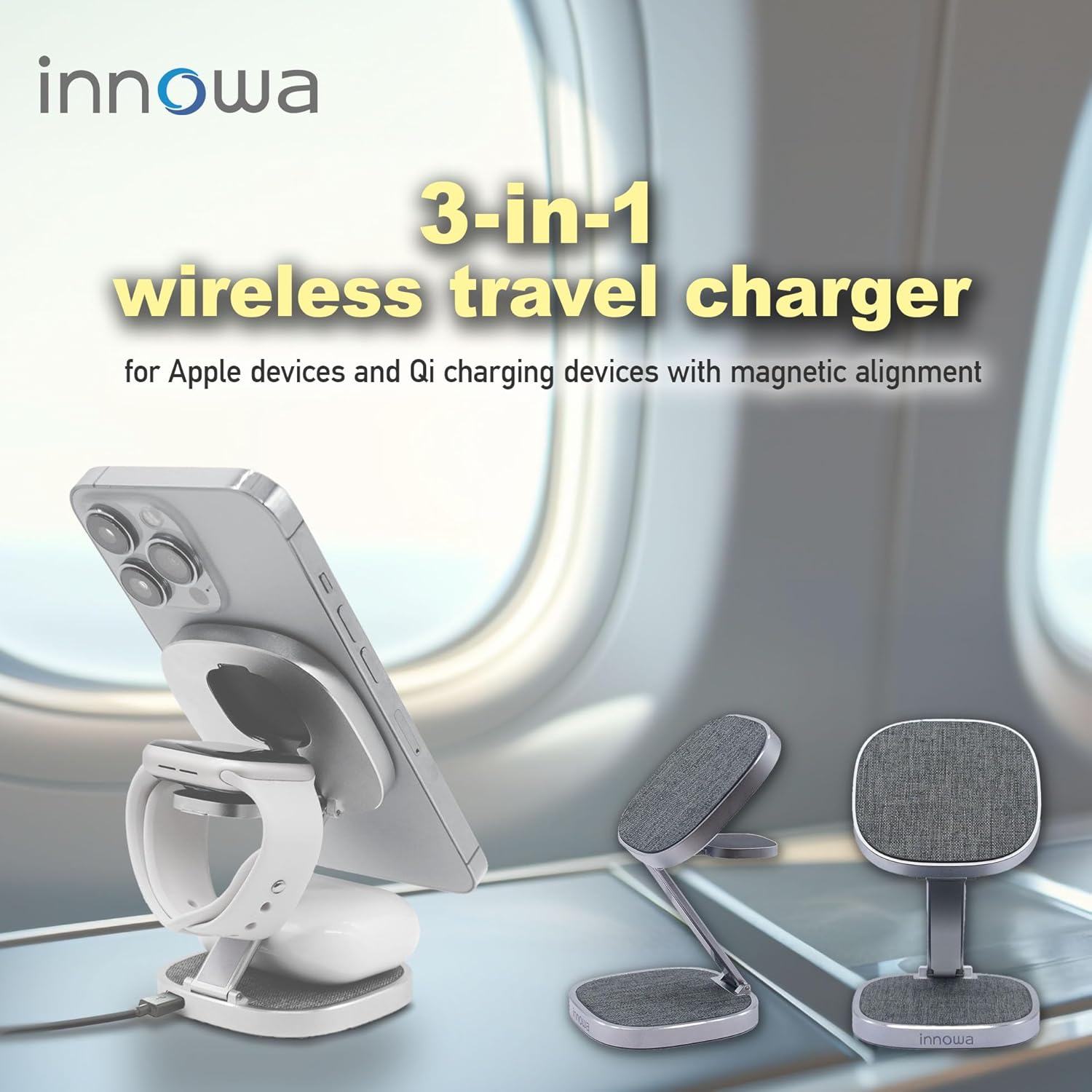 3-in-1 Wireless Travel Charger for Apple Devices - Fast Charging, Travel-Friendly, Adjustable, Safe, Durable Design (Without Adapter)