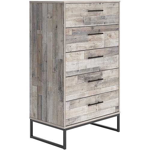 Signature Design by Ashley Neilsville 5 Drawer Chest, Dark Gray Handles, Metal Sled Legs with Dark Brown Finish, 51" High, Light Brown, Whitewashed Butcher Block Finish