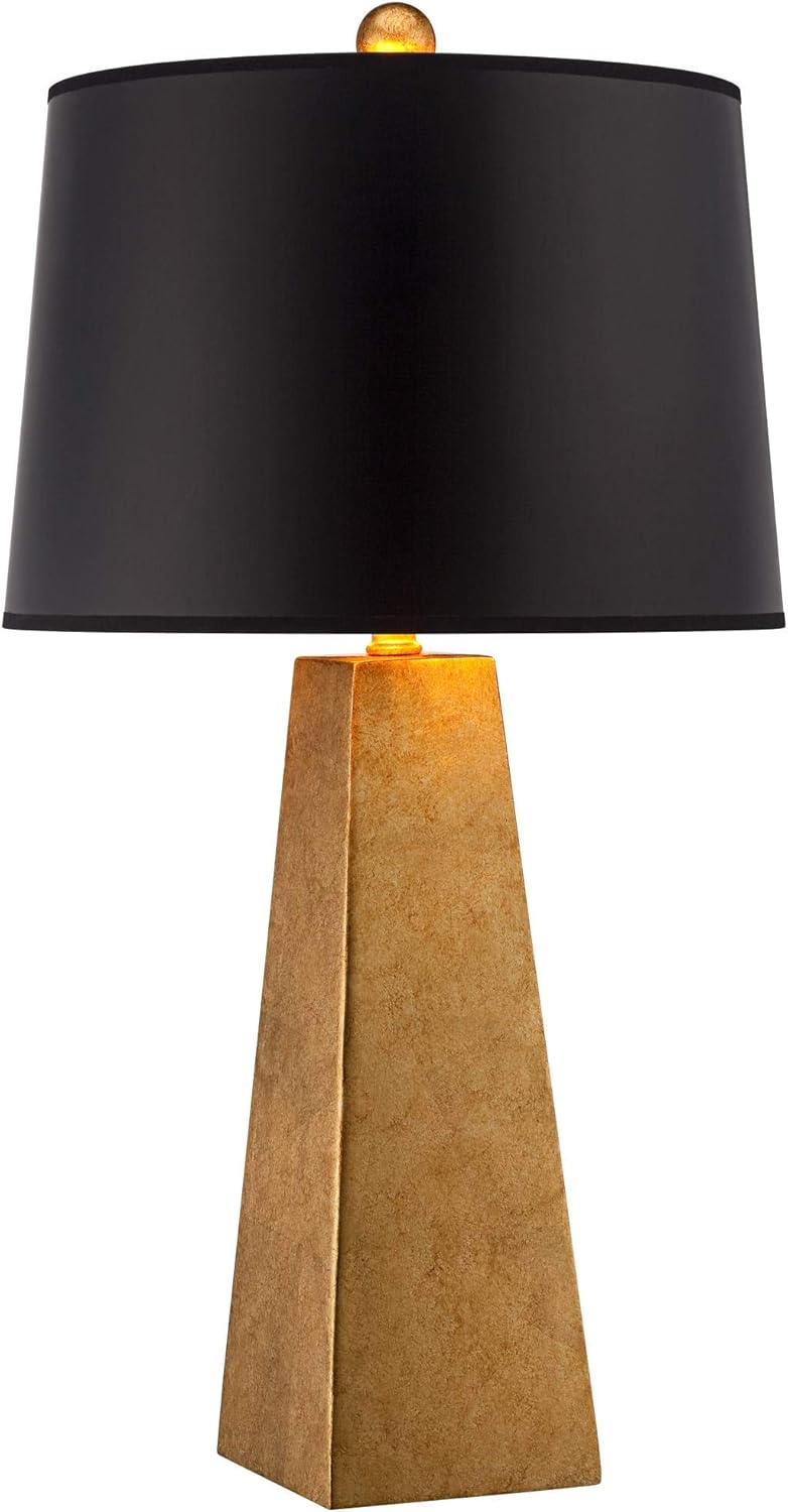Possini Euro Design Obelisk Modern Table Lamp 26" High Gold Leaf Tapered Column Black Paper Drum Shade Decor for Bedroom Living Room House Home Bedside Nightstand Office Entryway Kids Family