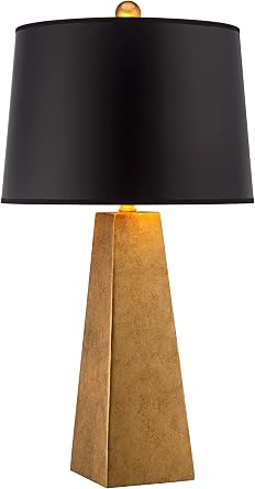 Possini Euro Design Obelisk Modern Table Lamp 26" High Gold Leaf Tapered Column Black Paper Drum Shade Decor for Bedroom Living Room House Home Bedside Nightstand Office Entryway Kids Family