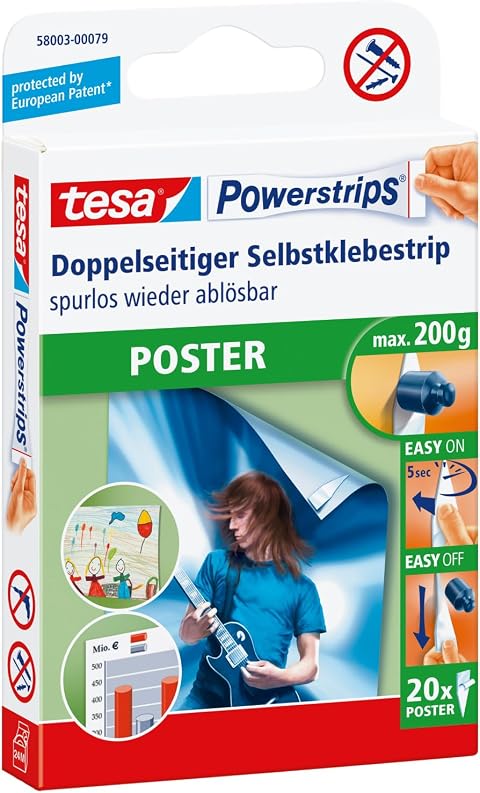 tesa Powerstrips poster - Doppelseitige Klebestreifen für und Plakate - Selbstklebend und spurlos wieder ablösbar - Bis zu 200 g Halteleistung - 20 Stück