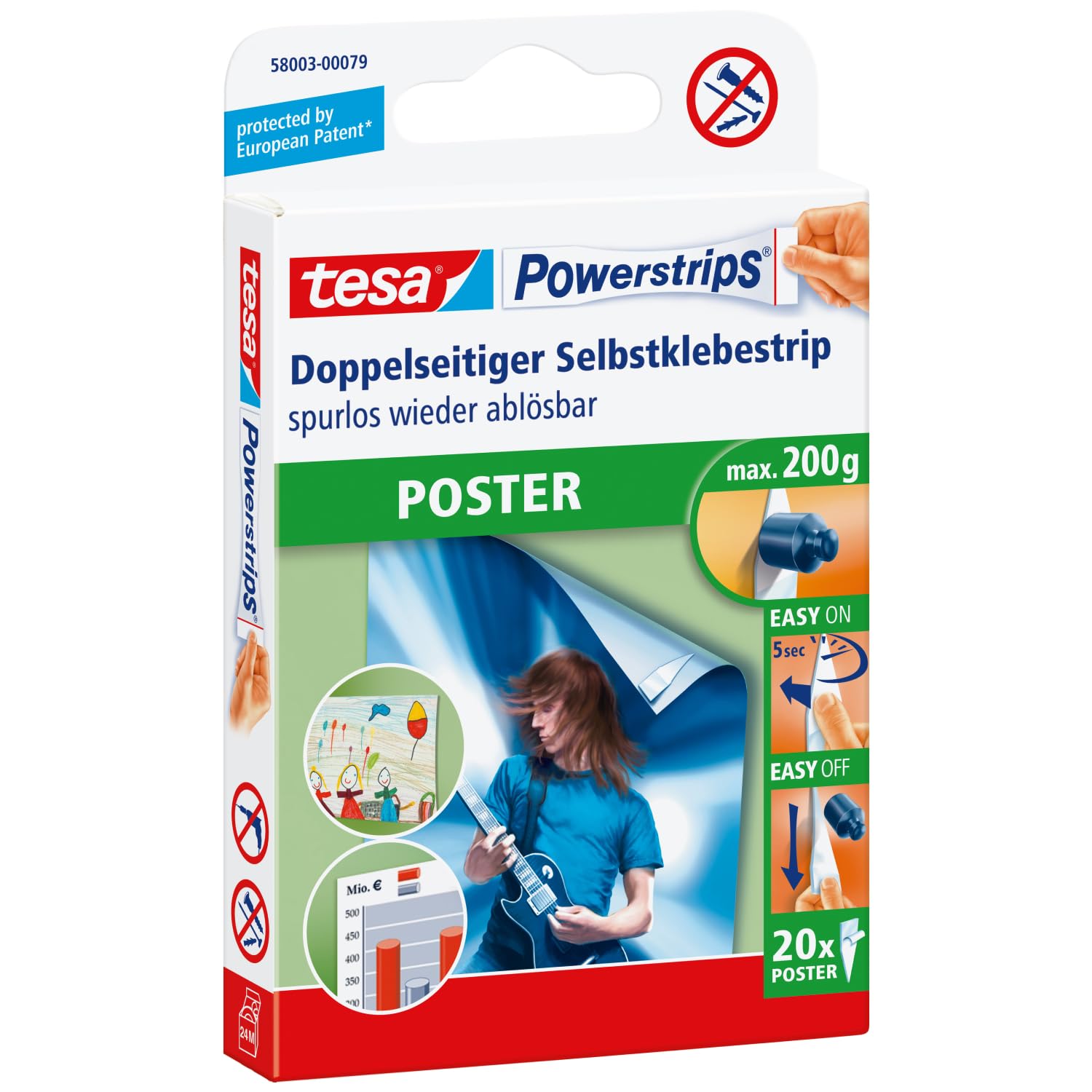 tesa Powerstrips poster - Doppelseitige Klebestreifen für und Plakate - Selbstklebend und spurlos wieder ablösbar - Bis zu 200 g Halteleistung - 20 Stück