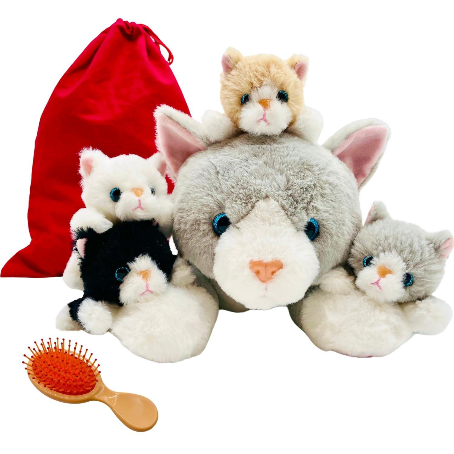 SMARTICA Soft toys for Girls Boys - Huggable Stuffed Animals for Kids - Soft Toy Set Mummy Dog Cat with 4 Cute Baby Puppies Kittens zipped in her Tummy - Cuddly Toy Pillows for girls – Birthday Gift