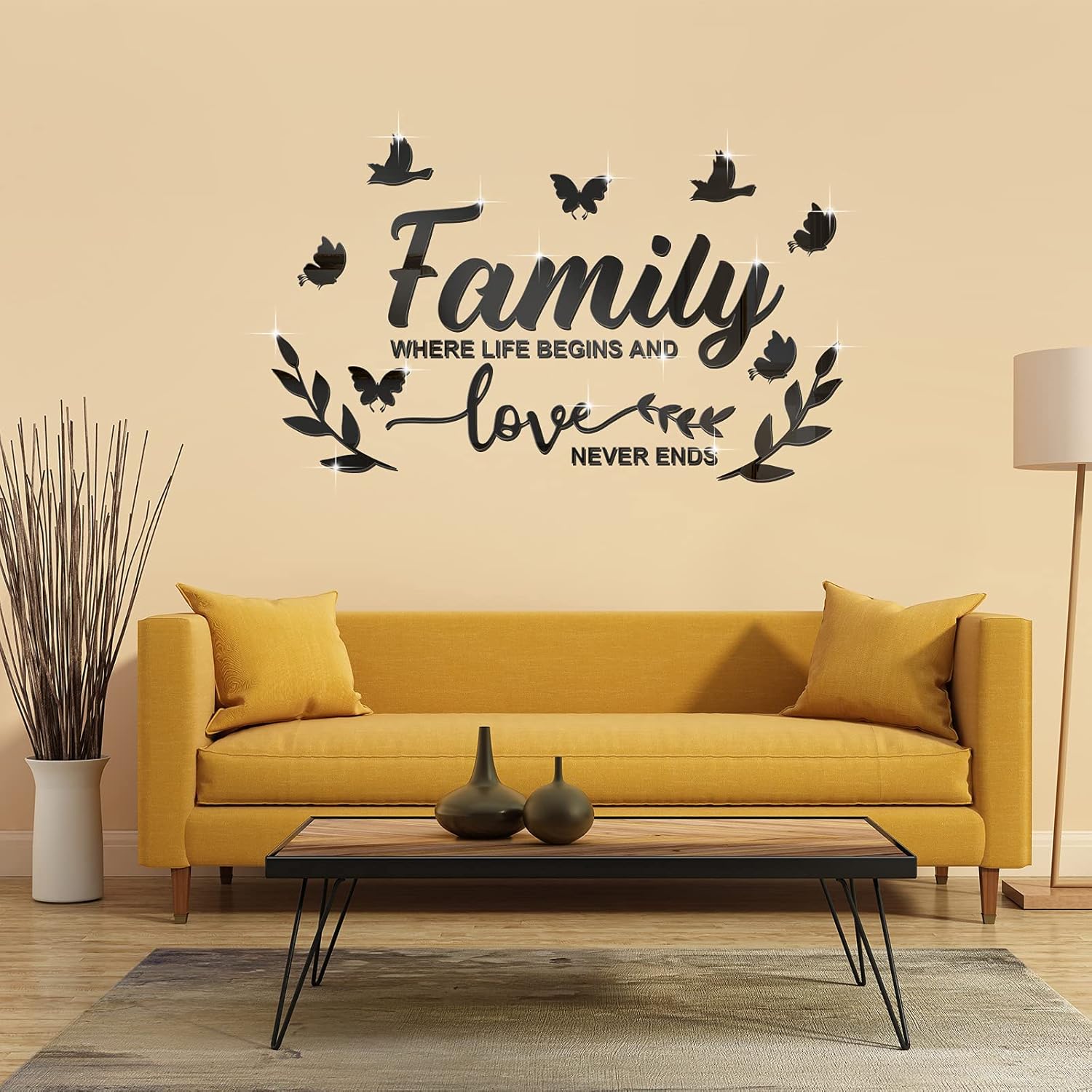 Zonon Mirror Family Wall Letter Quotes Decor 3D Acrylic Wall Decal Stickers DIY Removable Art Decals Motivational Butterfly Mural Stickers for Home Decor(Black)