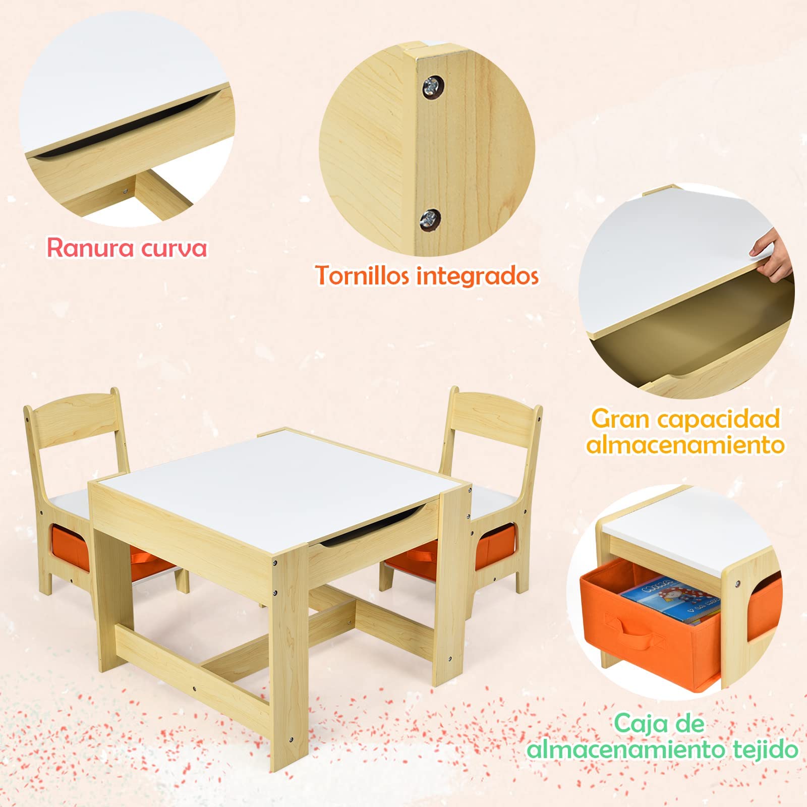 GOPLUS Juego de Mesa y 2 Sillas Infantil 3 en 1, Grupo de Asientos y Escritorio con Pizarra para Niños, Mueble Infantil con Cajon de Almacenamiento Que Ahorra Espacio, Madera, Naranja (Naranja)