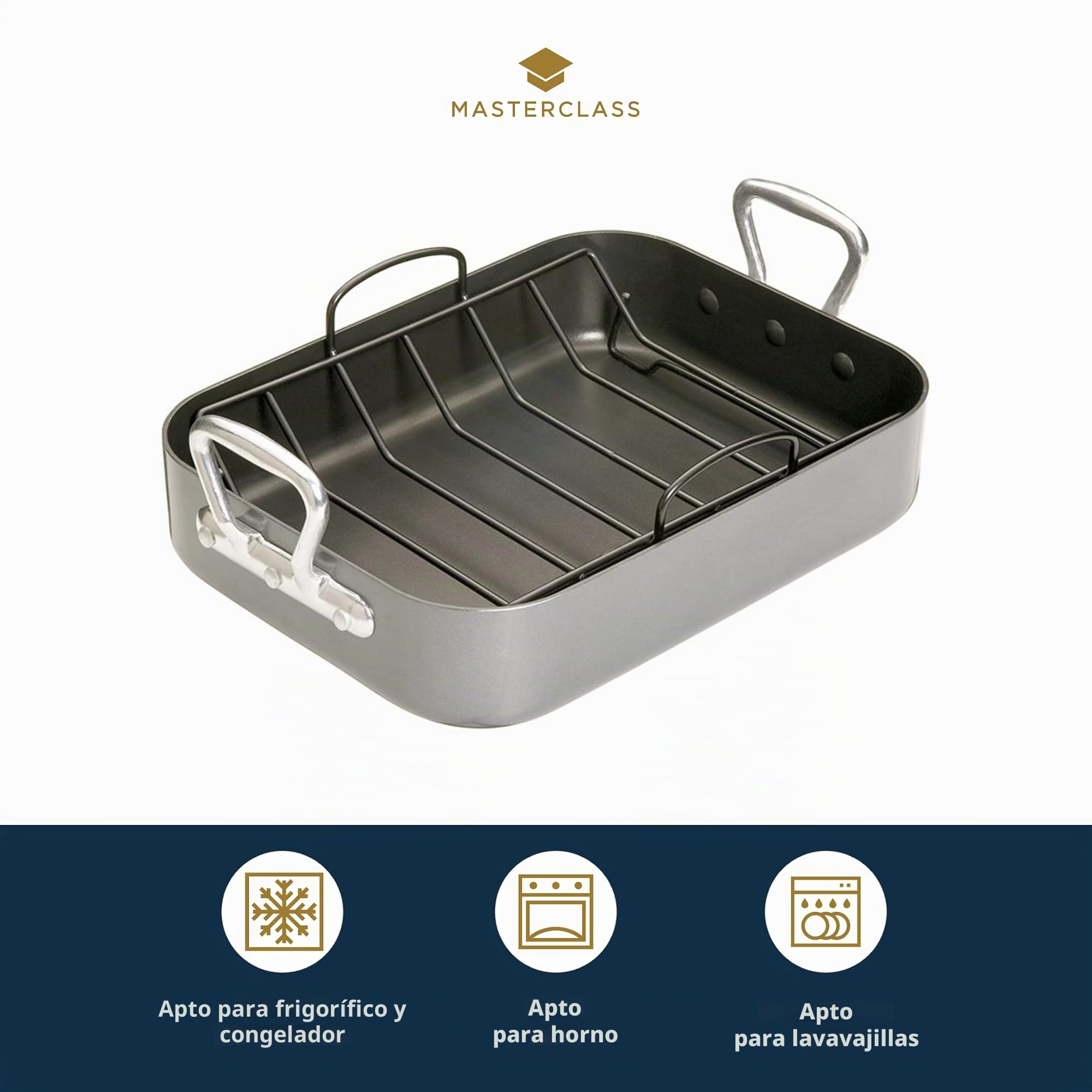 MasterClass Molde para Asar Profundo con Rejilla y Revestimiento Antiadherente Teflon Xtra en Caja de Regalo, Asador de Acero al Carbono con Asas, 40 x 28 x 8cm (15,5 x 11 x 3''), Gris