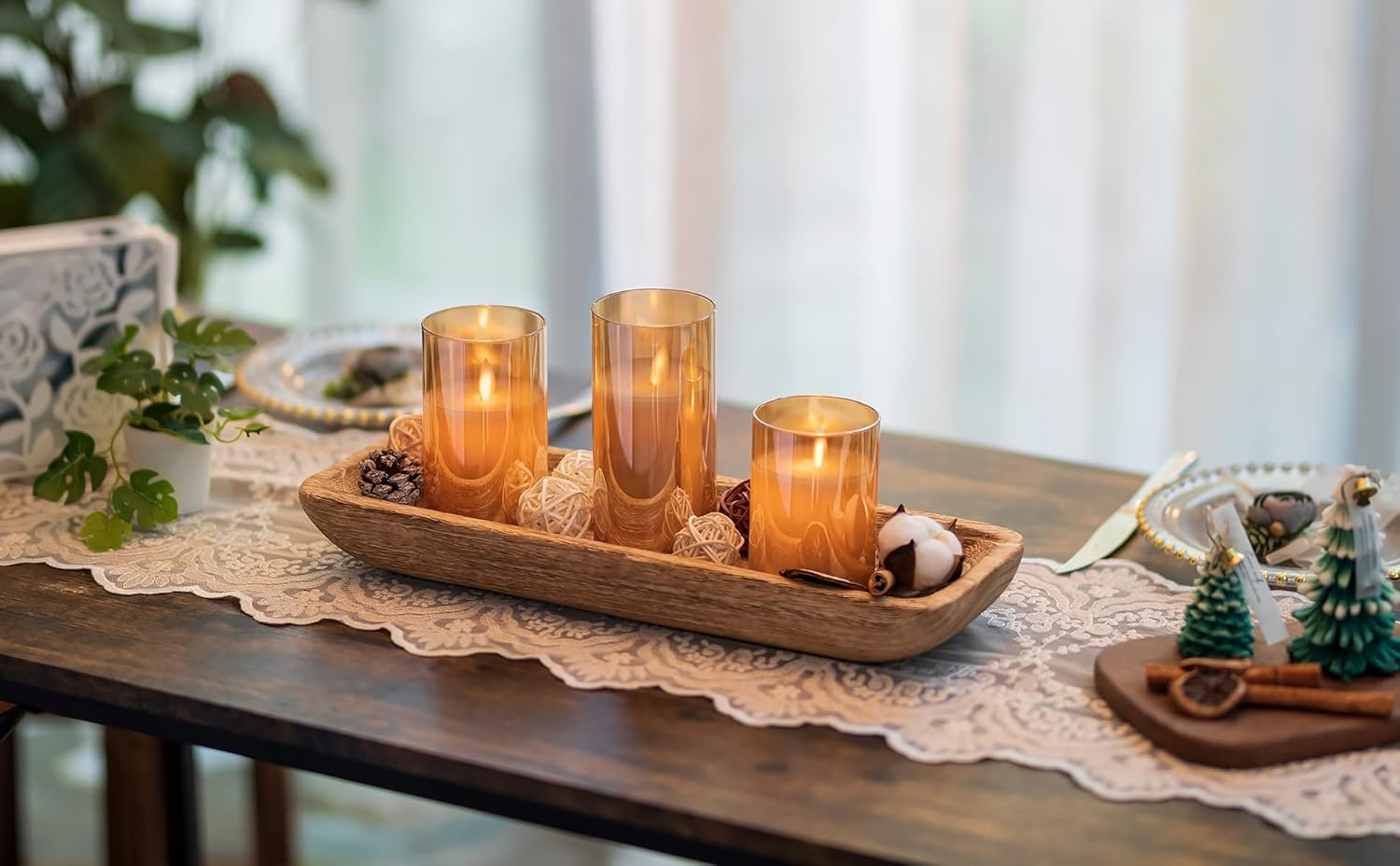 Romadedi Decorative Bowls for Home Decor, Wooden Dough Bowl for Decor, 16" Large Wood Bowl for Kitchen Table Centerpieces, Long Narrow Wooden Tray for Dining Table Decor Centerpiece