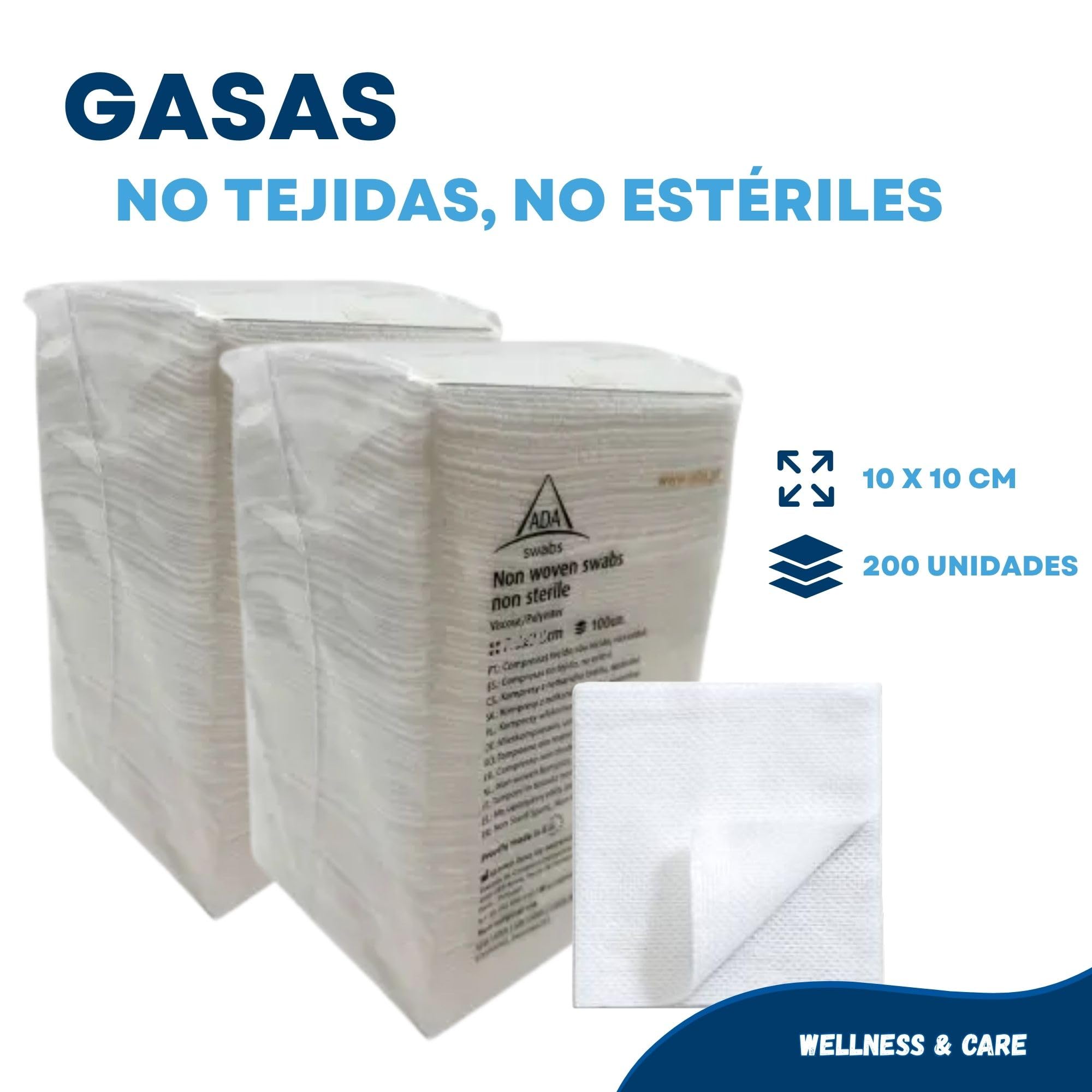 Pack de 200 gasas de máxima calidad y absorción, gasas de 4 capas no tejidas para cura de heridas, desinfección de la piel, aplicación de cremas, limpieza de material. fabricación europea