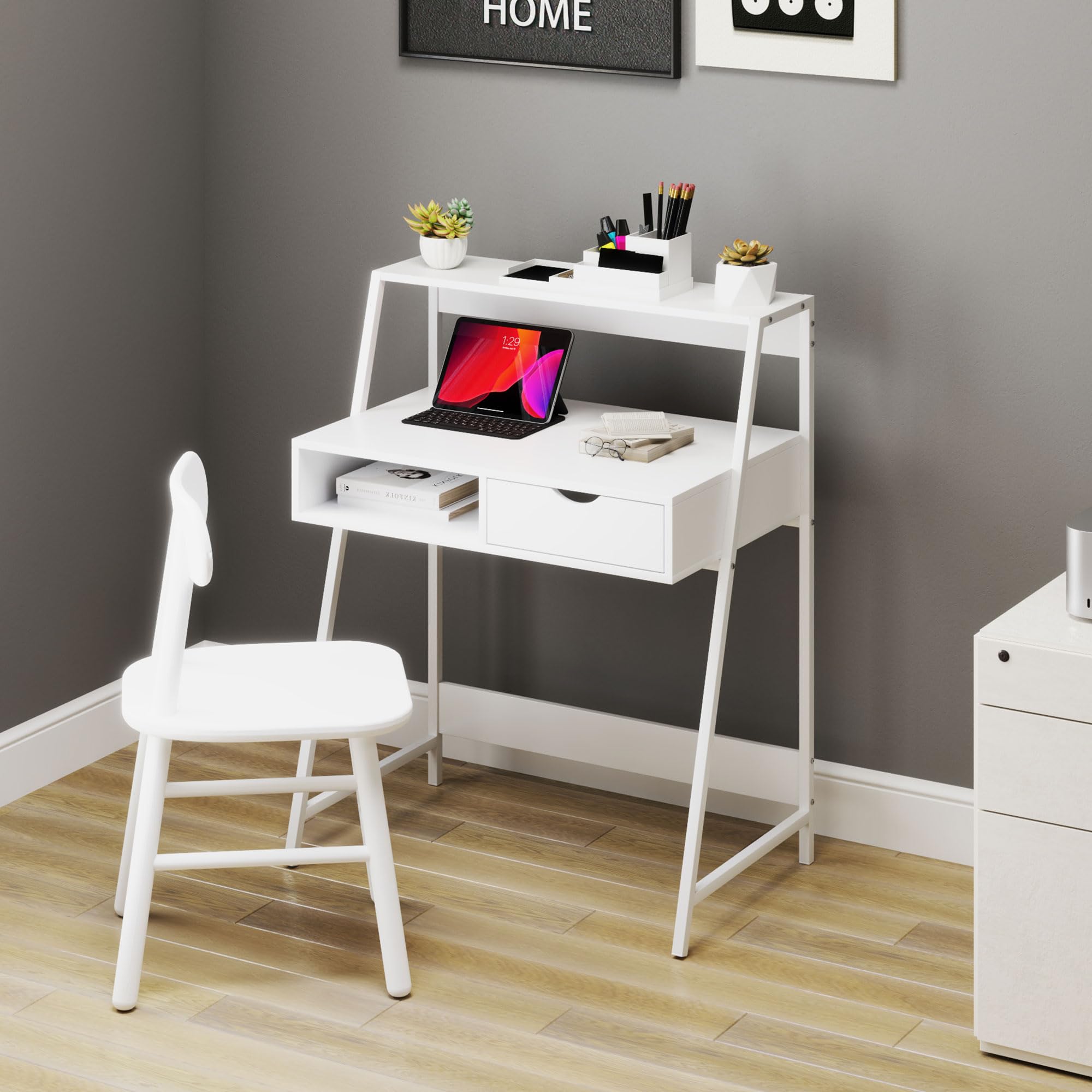 HOMCOM Sekretär-Schreibtisch, Computertisch, Retro-Stil, Schublade, Nische, Regal, Metall, Weiß
