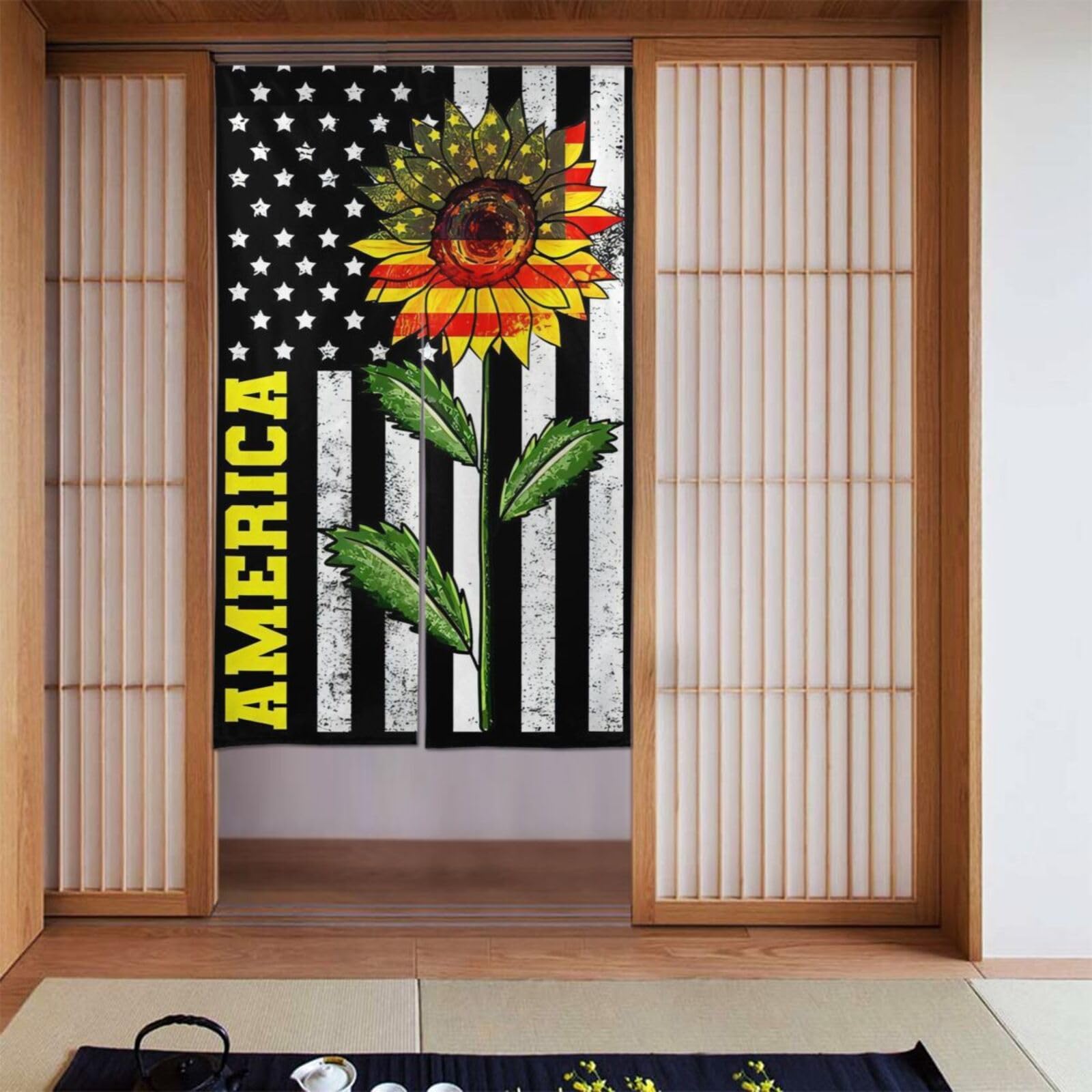 Lukiyys Grunge Sunflower USA Flag United States American Door Curtains,Doorways Curtains for Windows,Bedroom Divider 34"X 56"