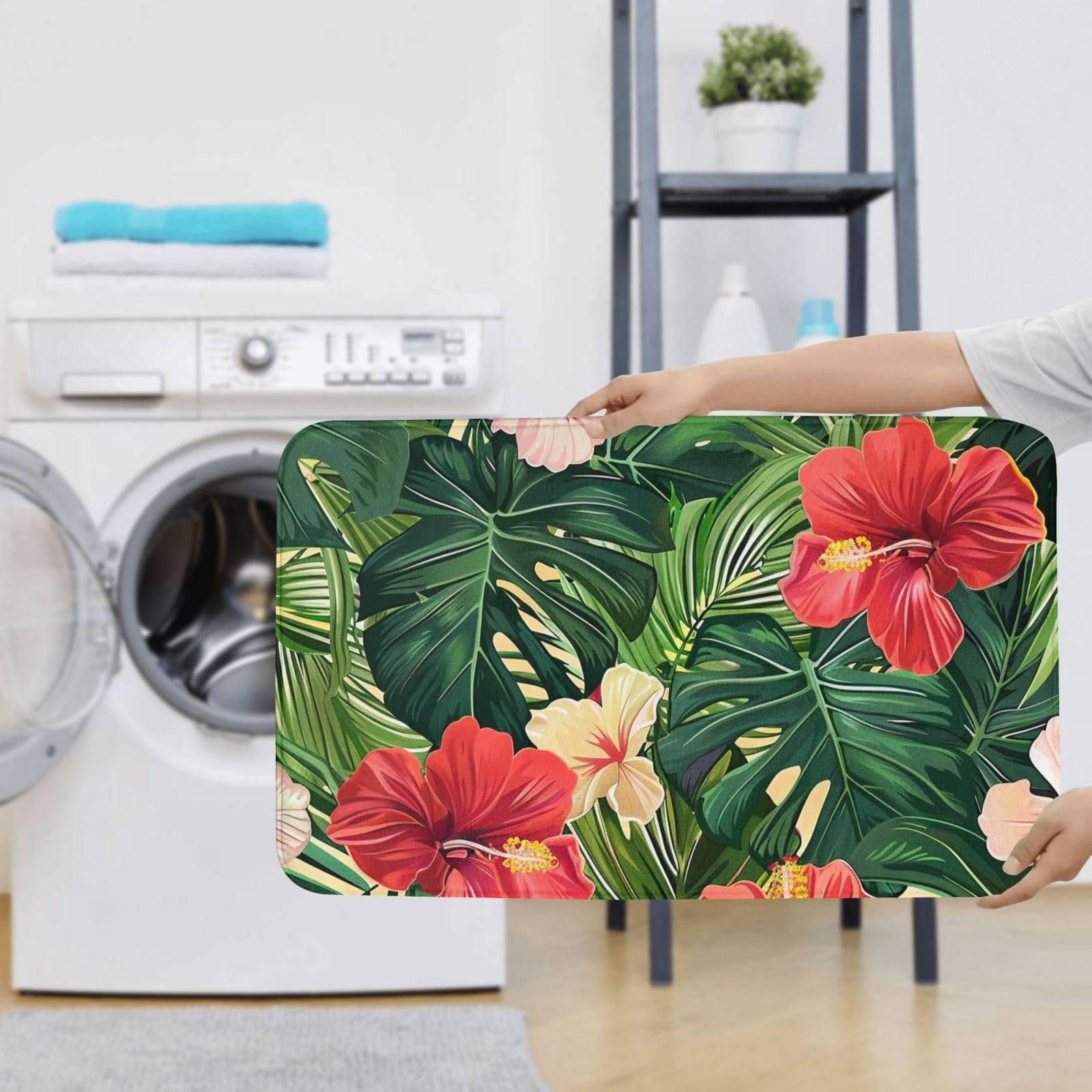 Lot de 3 tapis de bain antidérapants et absorbants en flanelle avec motif feuilles végétales et fleurs d'hibiscus