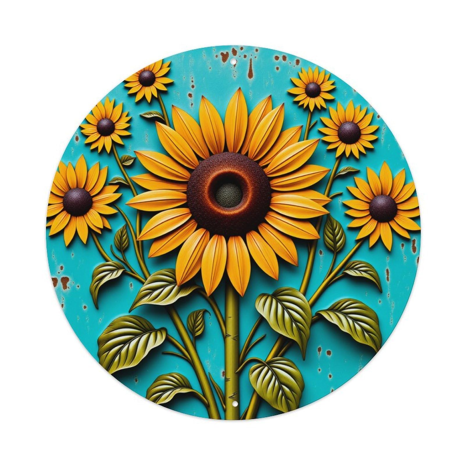Sunflower Pattern Print Design Art Round Tin Sign Vintage Metal Poster Retro Bar, Home, Man Cave, Kitchen, Laundry Room Wall Art Decor Gift 8x8Inch