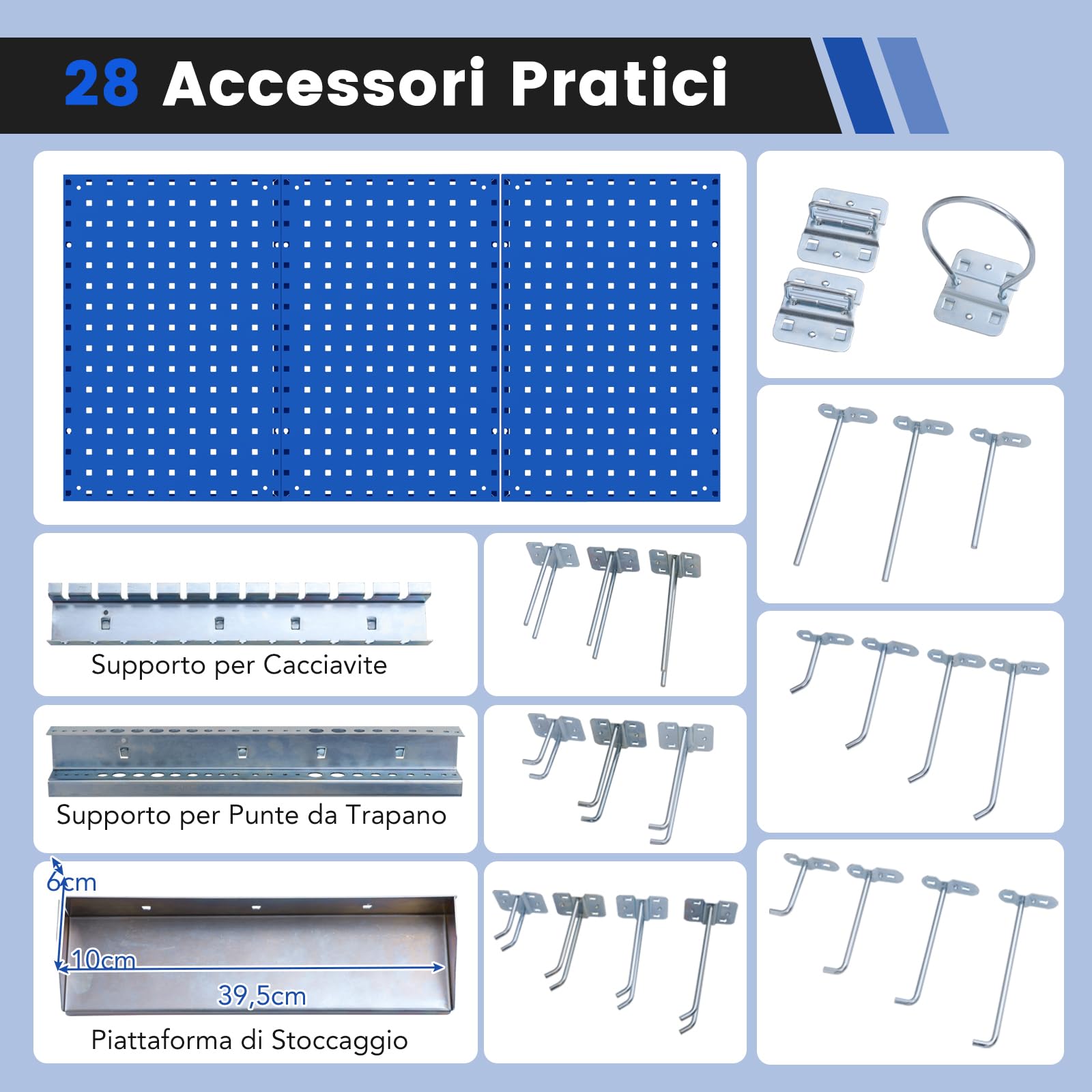 GYMAX Pannello Portaoggetti da Parete, 3 Pannelli Forato Portautensili con 25 Ganci, Porta Trapano, Porta Cacciaviti, Piattaforma di Stoccaggio, Kit Pegboard in Metallo, per Garage, Officina(Blu)