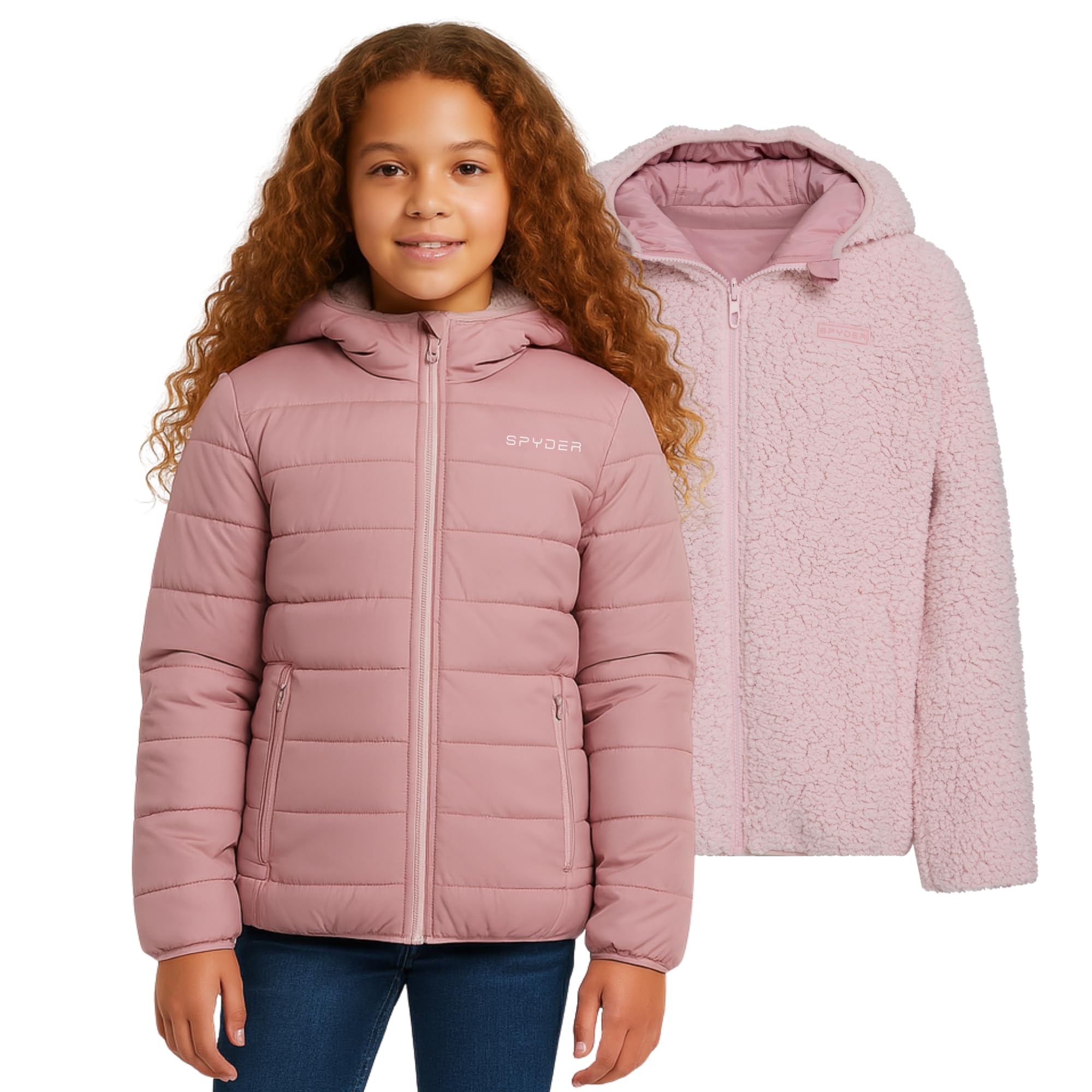 Spyder Reversible Girls Puffer Jacket, Sherpa Lined Winter Coats for Girls - Cute Warm Bubble Puffer for Snow, Cold, Ski