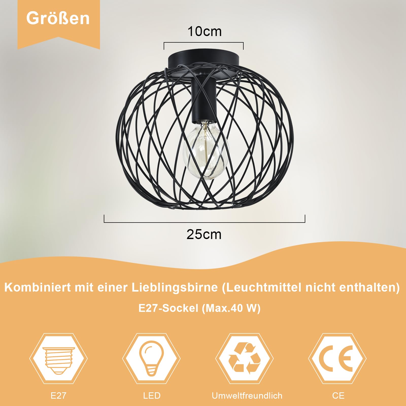 Glitzerlife Lampa sufitowa czarna lampa do korytarza industrialna 3ER | Lampa sufitowa E27 Vintage 1 płomień okrągły retro metalowy klosz lampa w kształcie klatki kratka jadalnia salon kuchnia