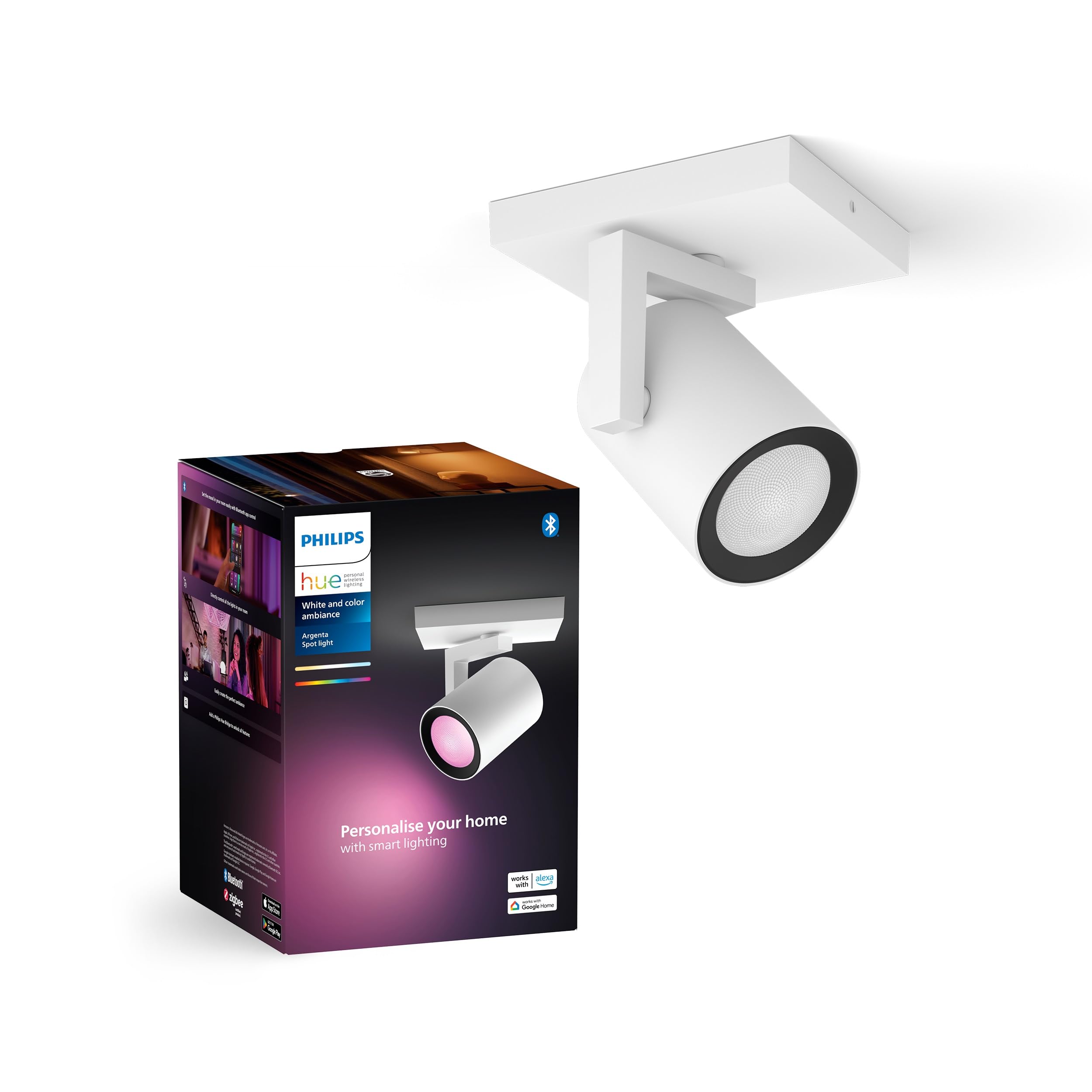 Philips Hue White & Color Ambiance Argenta Ceiling Lamp With Single Spotlight, Dimmable Led Spotlights For Hue System With 16 Million Colours, Intelligent Light Control Via Voice And App,