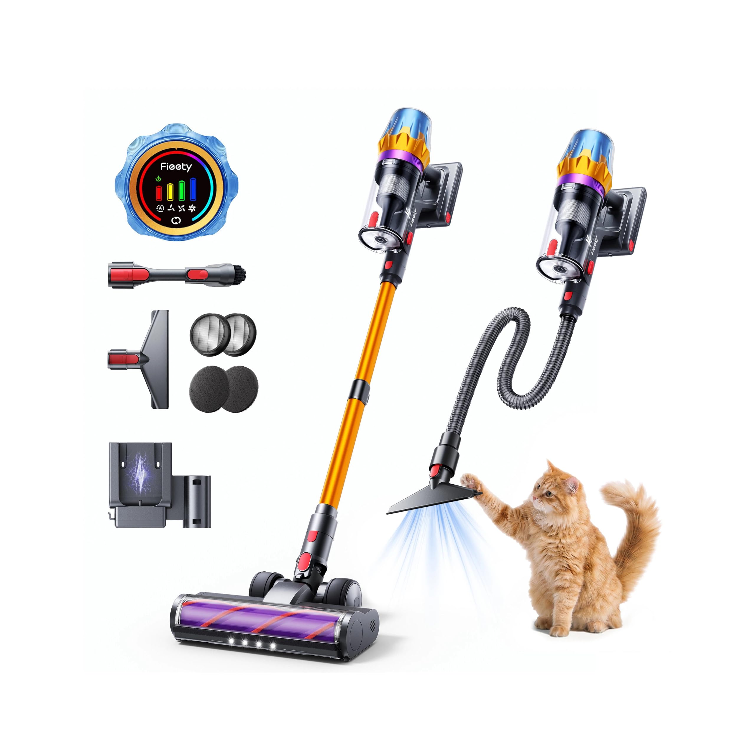 Fieety Aspiradora sin Cable 55KPa/650W/80Mins, Escoba Aspiradora de 1.8L, Modo Auto, Manguera 1.5M, Pantalla LED, Aromática, Autoportante, Cepillo Anti-Enredo con Luz, para Suelos/Alfombras/Pelo