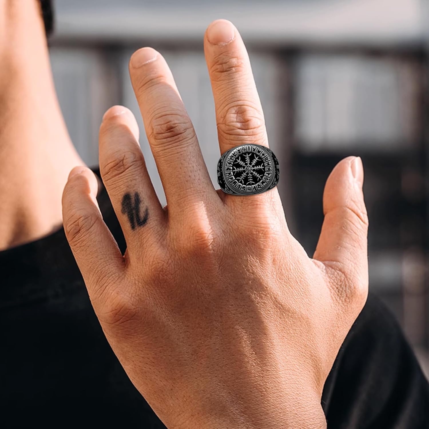 Nordic Battle Axe Ring Viking Vegvisir Pirate Compass Rings Stainless Steel/18K Gold Plated/Black Norse Symbol Vintage Jewelry for Men Women Send Gift Box - Image 2