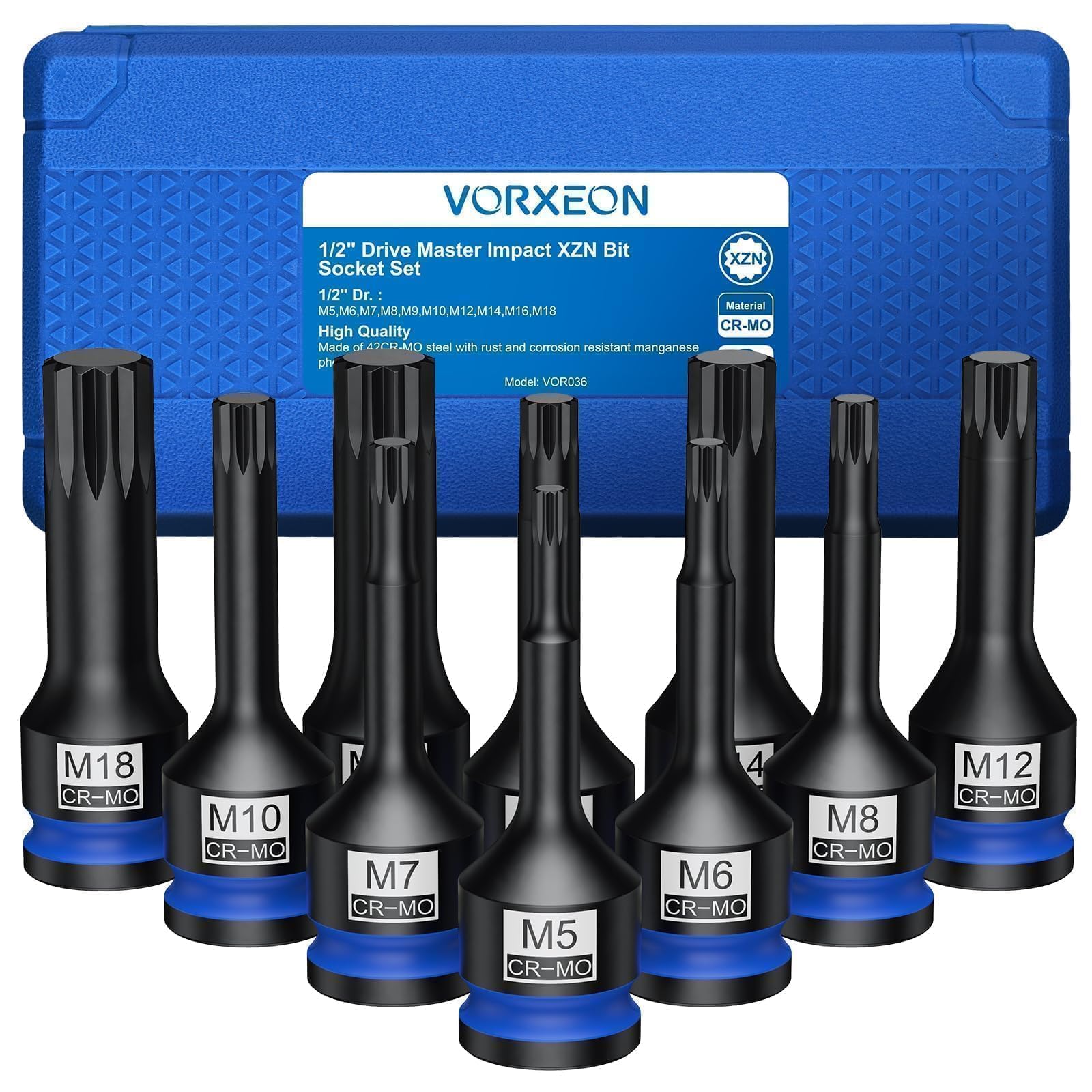 10Pcs 1/2" Drive Impact XZN Bit Socket Set 42CRMO 1/2" Drive Impact Triple Square Spline Bit Socket Set M5 M6 M7 M8 M9 M10 M12 M14 M16 M18 with Storage Case