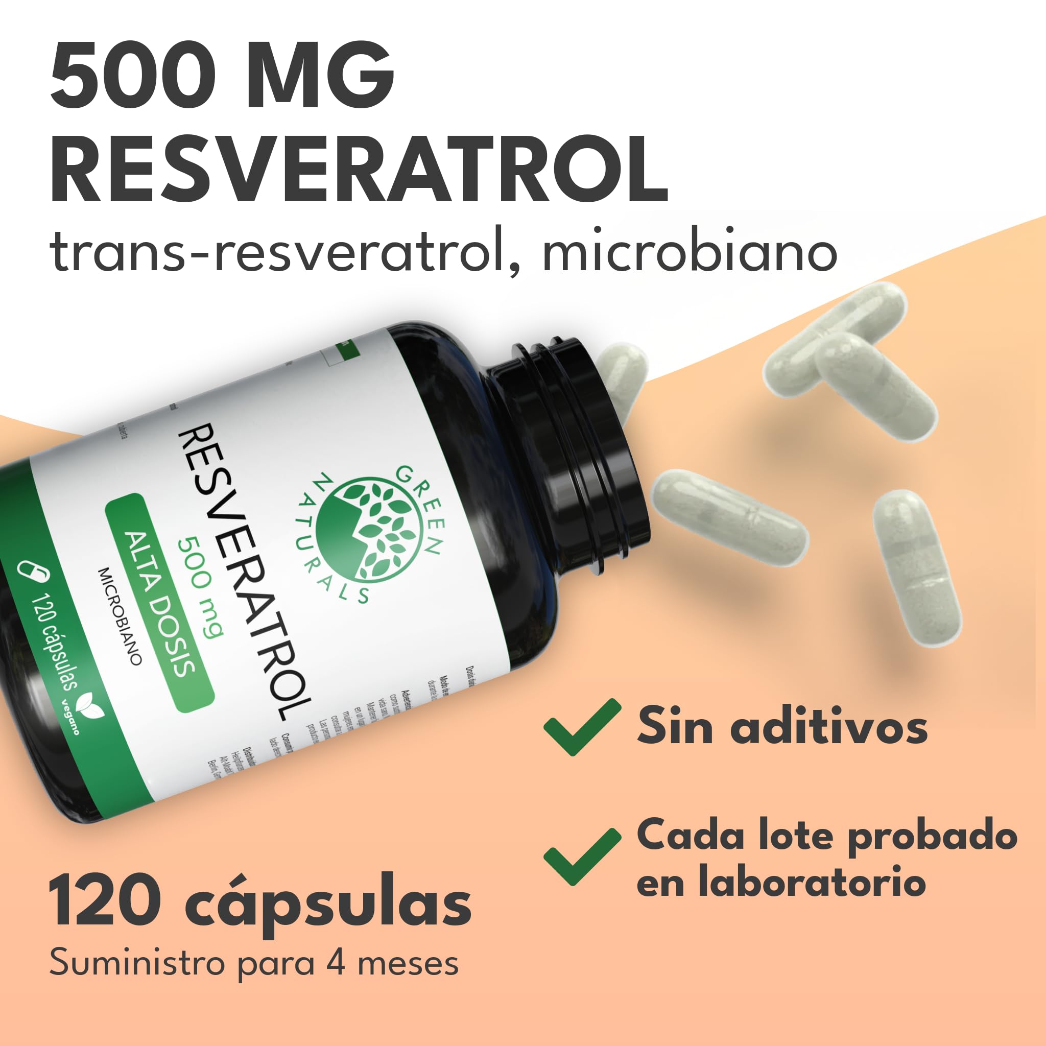 Green Naturals Trans-Resveratrol 500 mg – Pureza >98% – 120 cápsulas | De fermentación · Vegano · Sin aditivos · Para 4 meses · Fabricado en Alemania