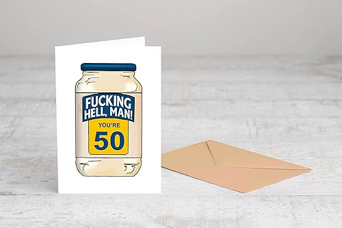Miniatura 4 de F-Ing Hell Man 50 tarjeta  Divertida tarjeta de cumpleaños 50  50  Mayonesa  Juego de palabras de comida  Cumpleaños veganos  Feliz 50 para ella
