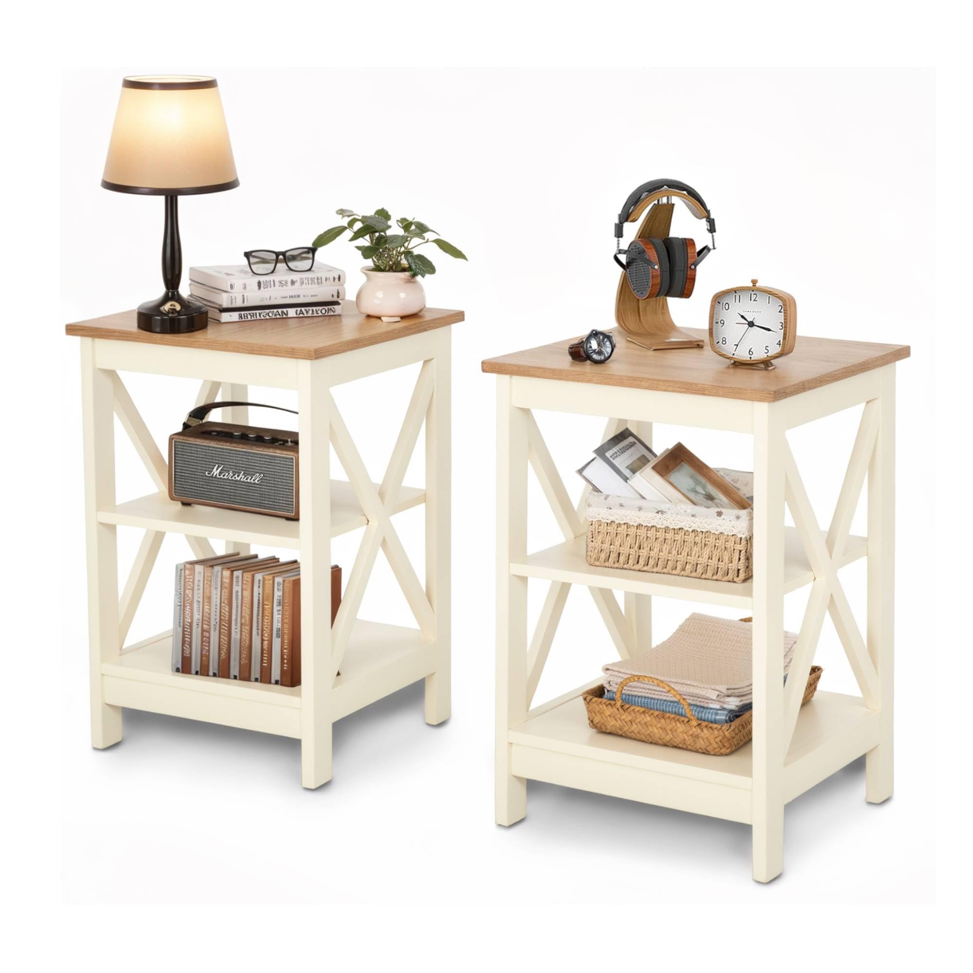 ALPHA HOME Side Table, Farmhouse End Table Set of 2, Bedside Table 3-Tier Storage Shelf for Small Spaces, Sofa Couch Table, Coffee Table, Nightstands