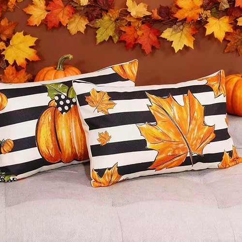 Miniatura 10 de HOMFREEST Juego de 2 fundas de almohada de calabaza otoñal de 18 x 18 pulgadas, fundas de almohada decorativas de otoño a rayas de arce para sofá