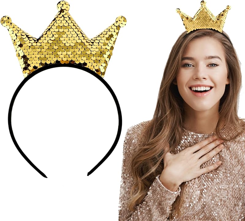 Dimeho Sequins Crown Headband, Princess Crowns Glitter Headbands Shiny Gold Hair Hoop Women Hair band Accessories Elastic Hair Decoration Christmas Birthday Party Favors Tiaras Supplies