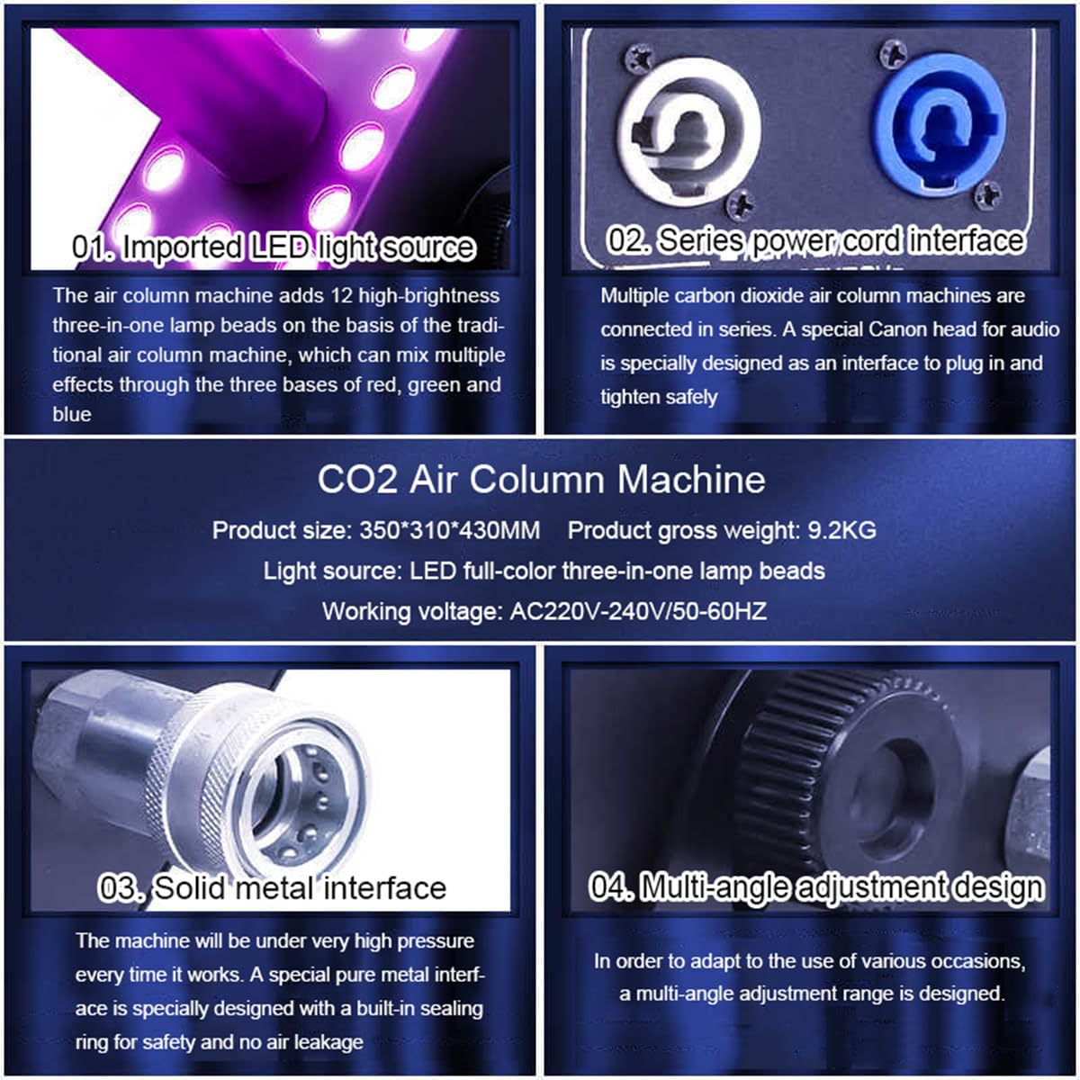 Máquina Jet CO2, Máquina Humo LED Color Escenario, Cañón Niebla Fría CO2 Multi-Ángulo, Máquina Humo Columna Aire, Altura Chorro 8-10 Metros, para Espectáculo Club Boda Fiesta