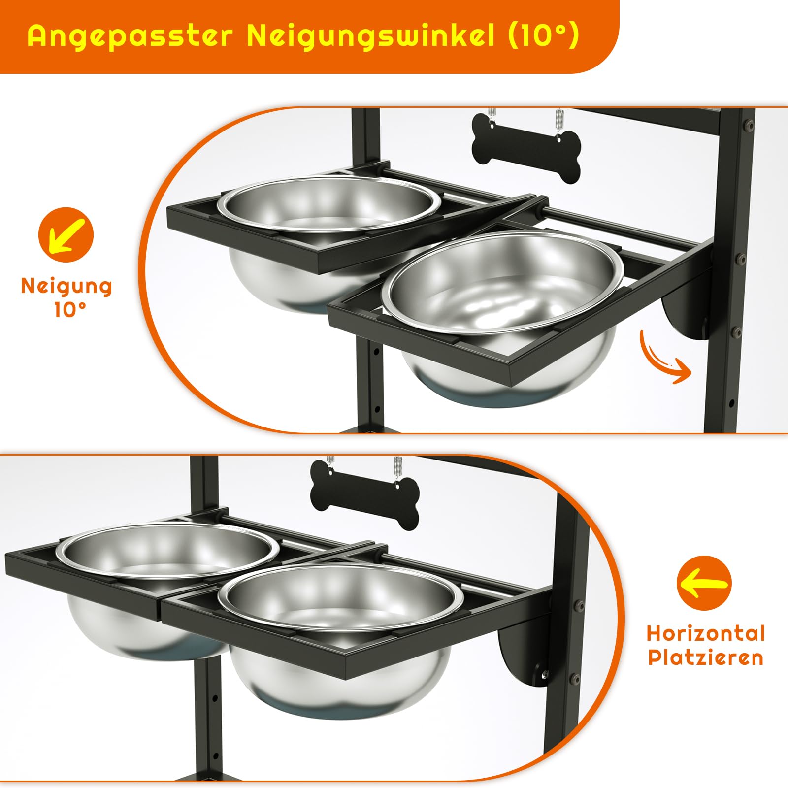 Erhöhte Hundenäpfe mit 4 Höhenverstellbaren und 10° Neigung, Erhöhter Hundenapfständer, Perfekte Stabile Ständer für Hundenapf, 2 Edelstahl-Hundefutternäpfen (1,5 L x 2) und Auslaufsicherer Matte