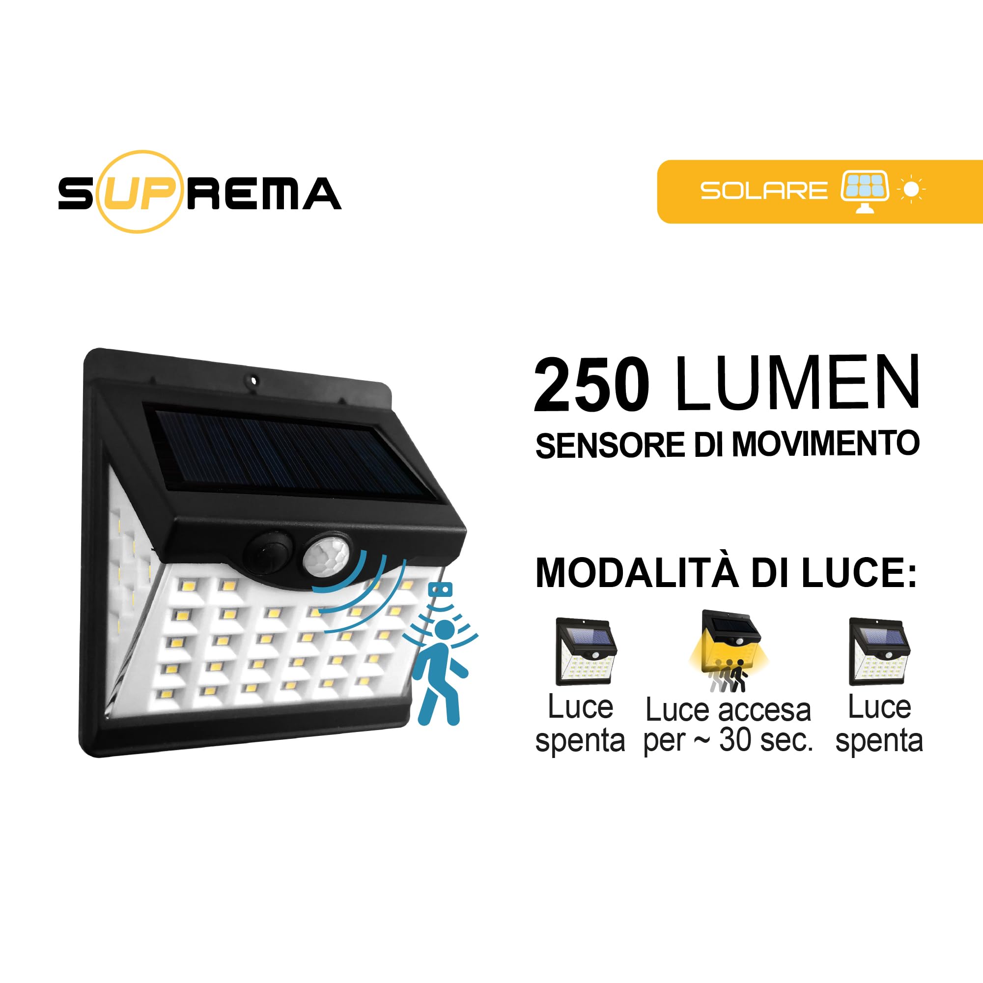 Suprema, Lampada Solare, 6 Pezzi, Faretto LED da Esterno con Sensore PIR e Crepuscolare, IP65, Montaggio Biadesivo, Autonomia 6-8 Ore, Ricarica Solare