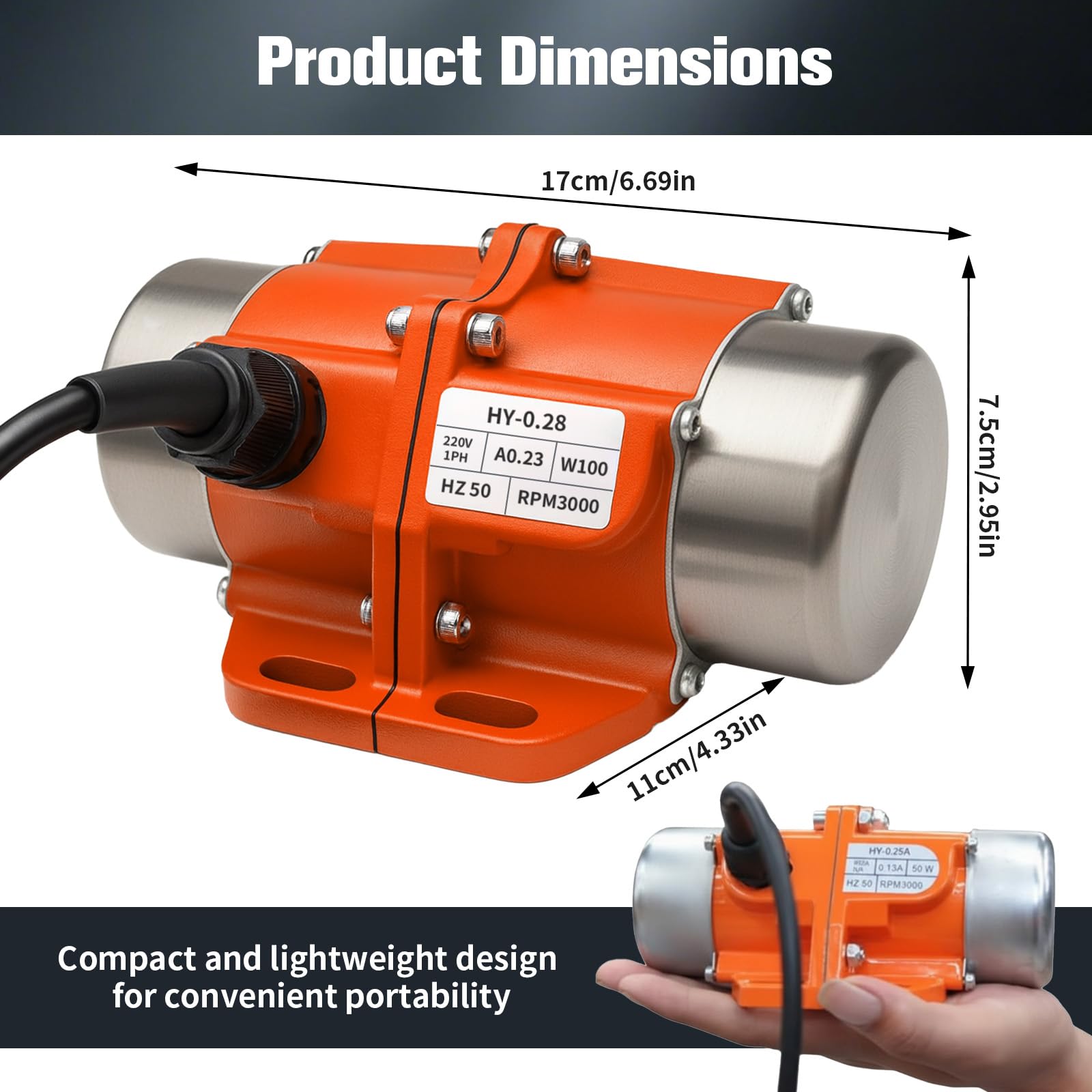 100W Betonrüttler, Elektrischer Vibrationsmotor mit 55KG Kraft 3000 U/min, IP65 wasserdicht, Einstellbarer Rüttelmotor für Bau, Chemie, Bergbau, Medizin und Lebensmittelverarbeitung