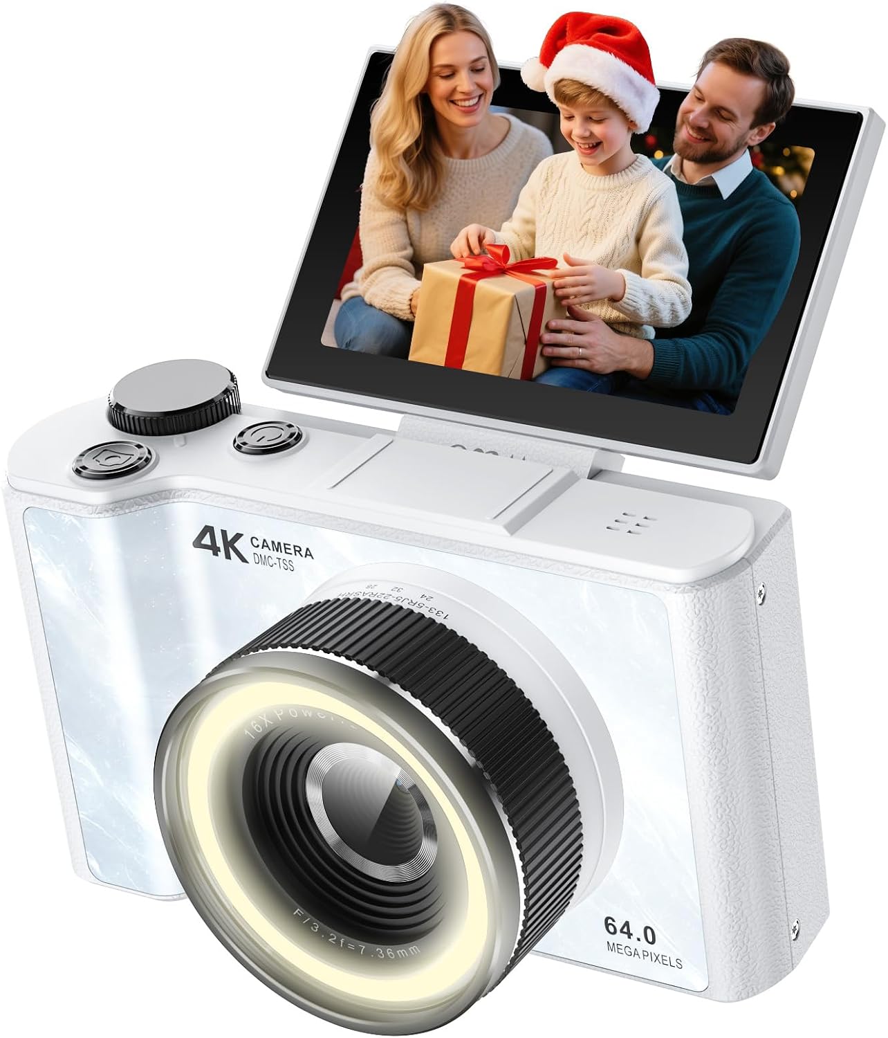 W & O Digital Camera, Digital Camera with 32G SD Card, 180° Flip Screen Camera Photography Vlogging with Fill Light, Beauty Mode,Point and Shoot Digital Cameras,Teens,Beginner Edition（White