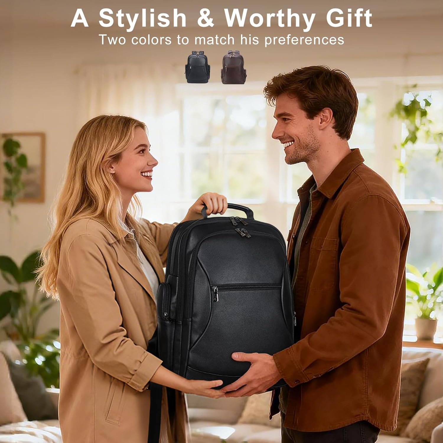 TIDING 17.3 Inch Leather Travel Laptop Backpack for Men, Large Business Casual Daypack Black Camping Weekender Bag - Image 9