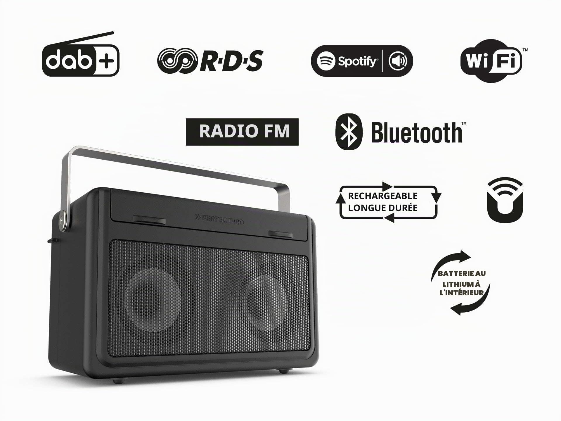PerfectPro Radio de Chantier AUDISSE - Dab + Enceinte Bluetooth avec réception FM - Chargeur et Pile au Lithium Inclus - Résistante aux Chocs - Radio Portable avec Ports AUX et USB