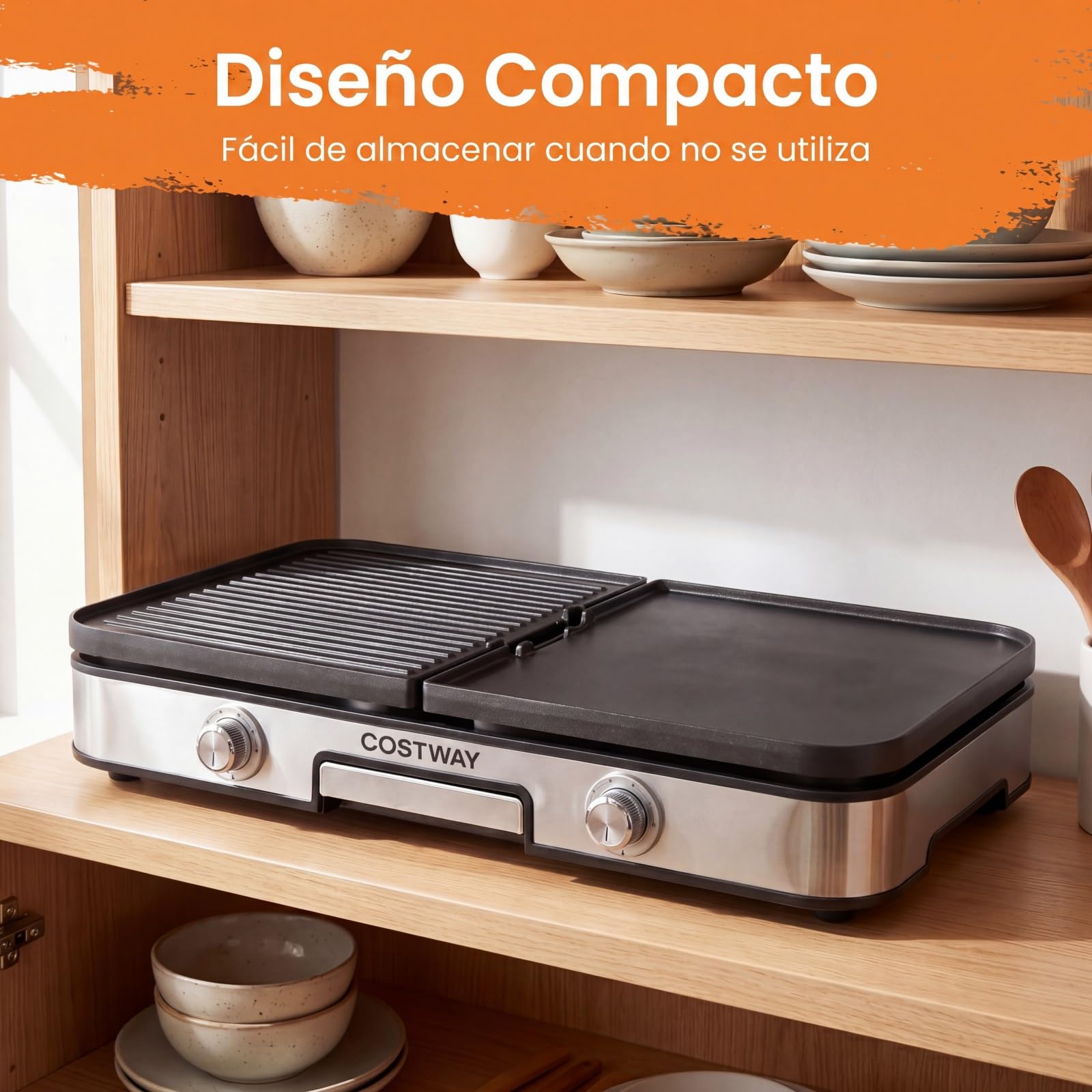COSTWAY Plancha Cocina 3 en 1, Parrilla Eléctrica 2000W con 2 Placas Reversibles, Temperatura Ajustable y Control Independiente, Superficie Antiadherente, Grill Barbacoa Interior Exterior Picnic