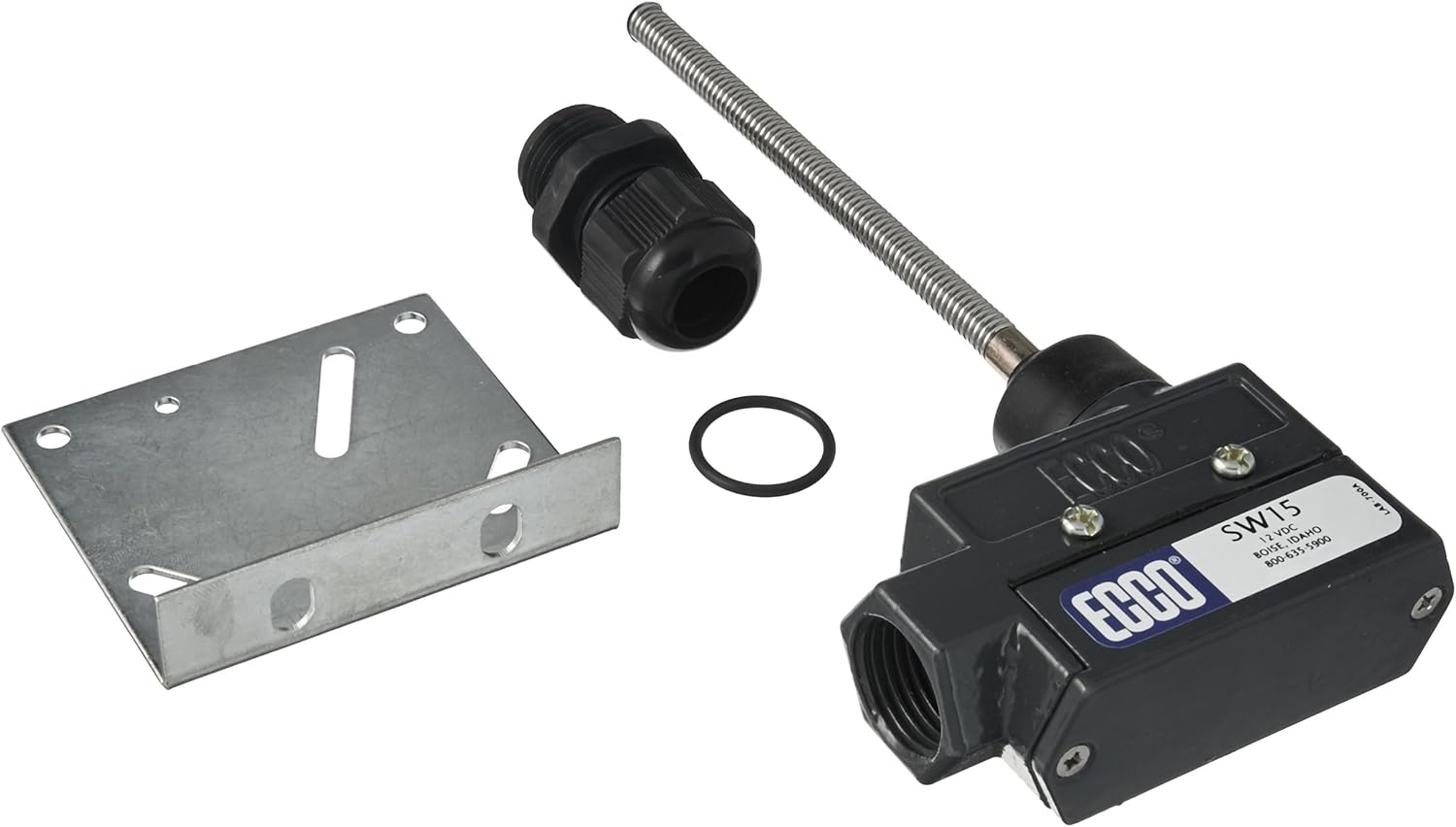 ECCO SW15 Back Up Alarm Switch components including the main switch unit, mounting bracket, and cable gland.