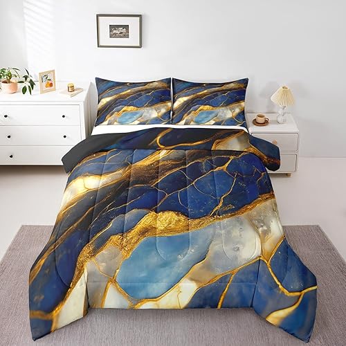 Erosebridal Juego de ropa de cama con estampado de acuarela de mármol, tamaño Queen, para mujeres y hombres, con patrón de piedra, edredón metálico
