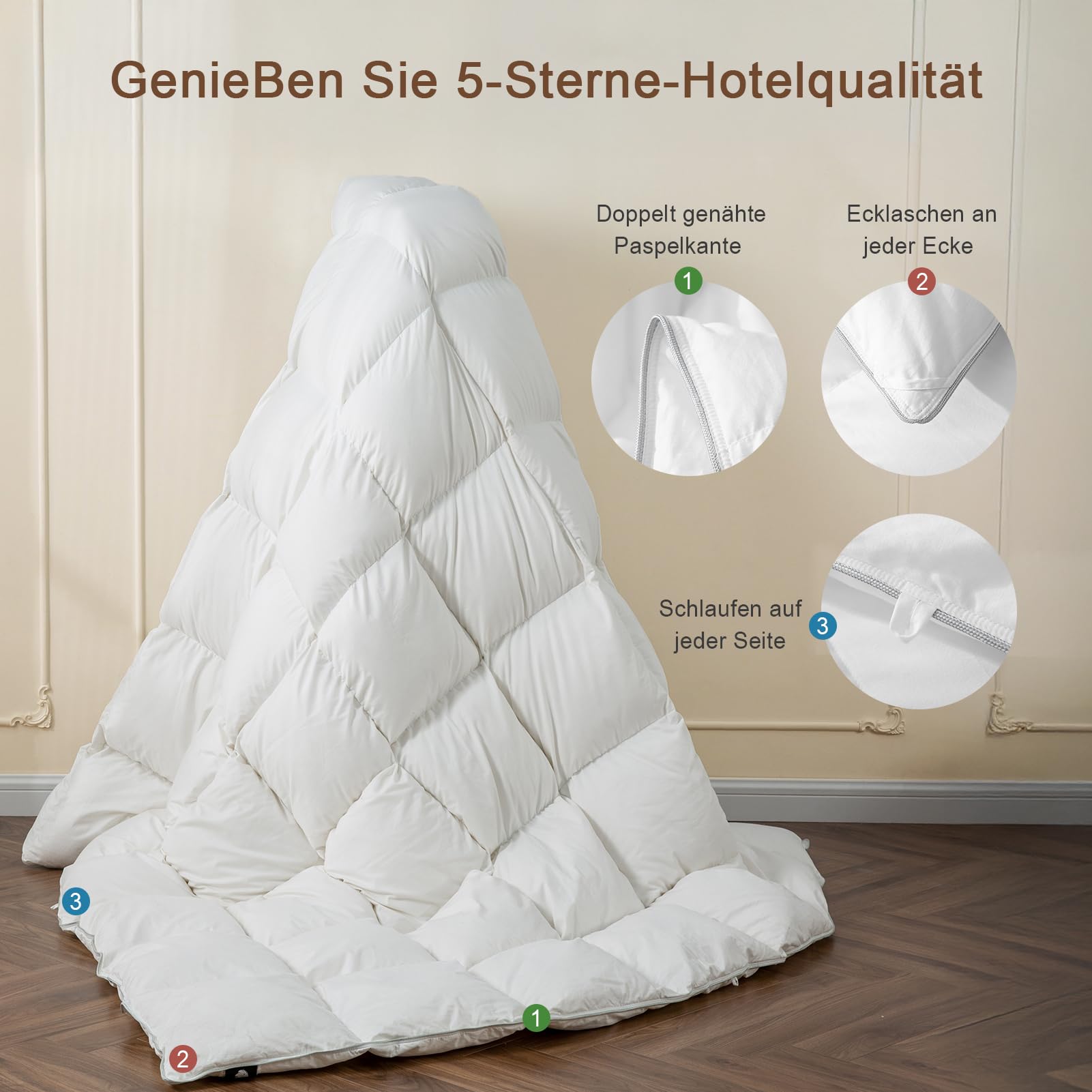 Luxus-Daunendecke Ganzjahresdecke 90% Daunen 10% Federn 135x200 cm | Baumwollmischung | Leicht | warm Federdecke | Pflegeleicht | Öko-Tex | RDS | Super weich & Geräuschlos