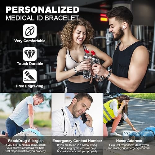 Miniatura 2 de LanM Pulseras de alerta médica para hombres, pulsera médica para mujeres, pulsera de identificación médica de silicona, tipo 1, pulsera de alerta