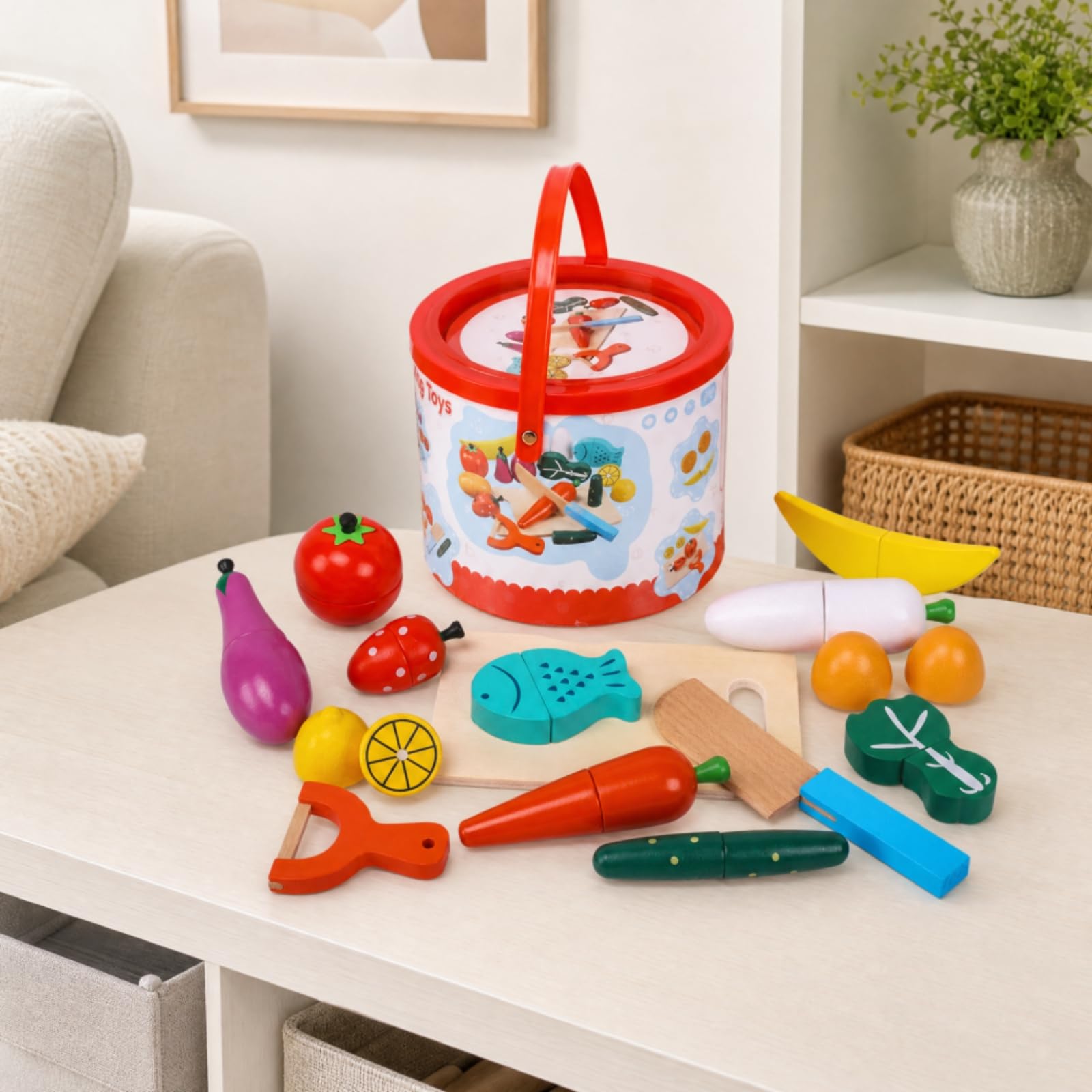Set di Alimenti Vegetali Giocattolo con Secchio Realistico Kit di Giocattolo con Tagliere e Strumento Tossico