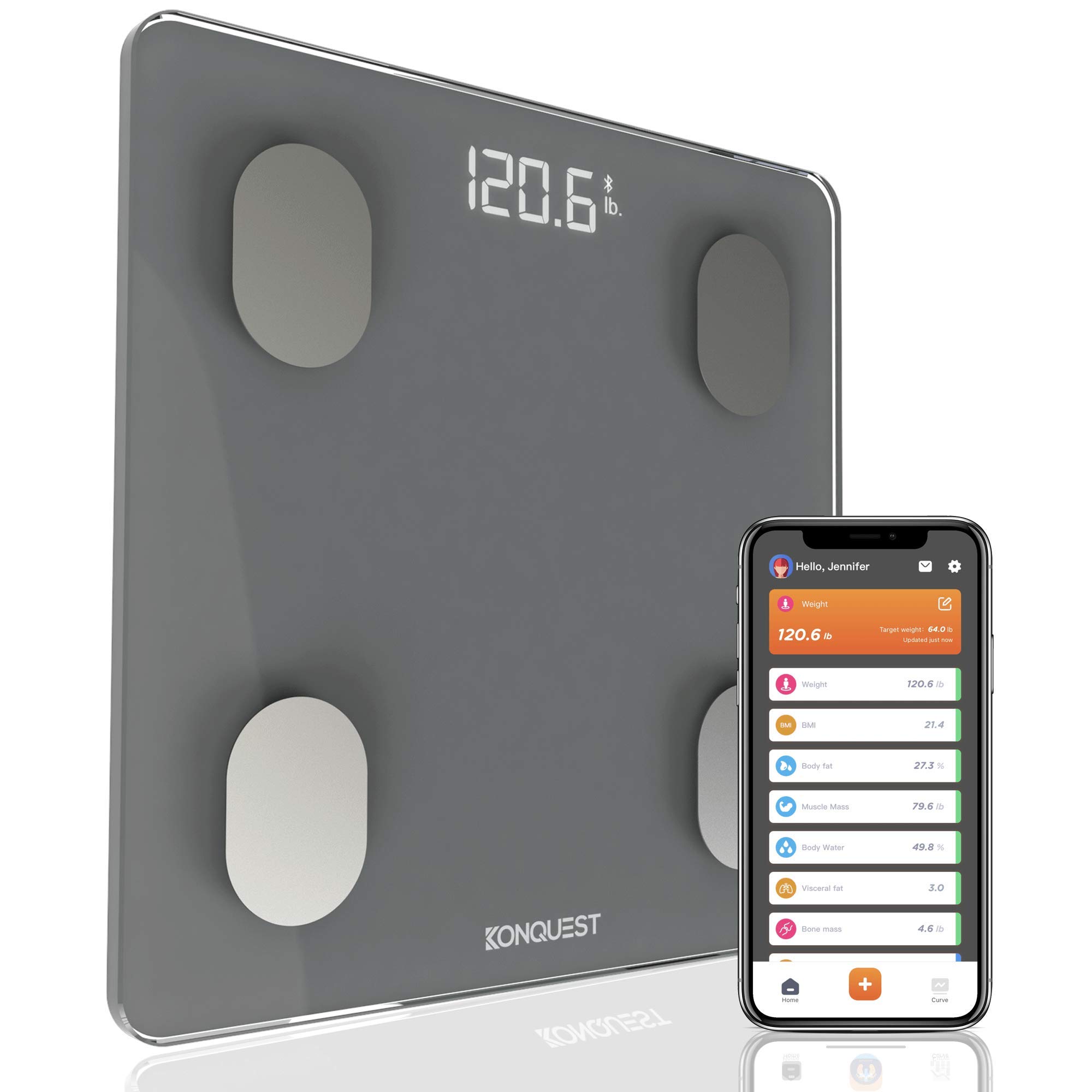 Konquest Báscula de baño digital inteligente, inalámbrico Bluetooth BMI, peso corporal, grasa y analizador de composición corporal con aplicación para smartphone (400 libras) (gris frío)