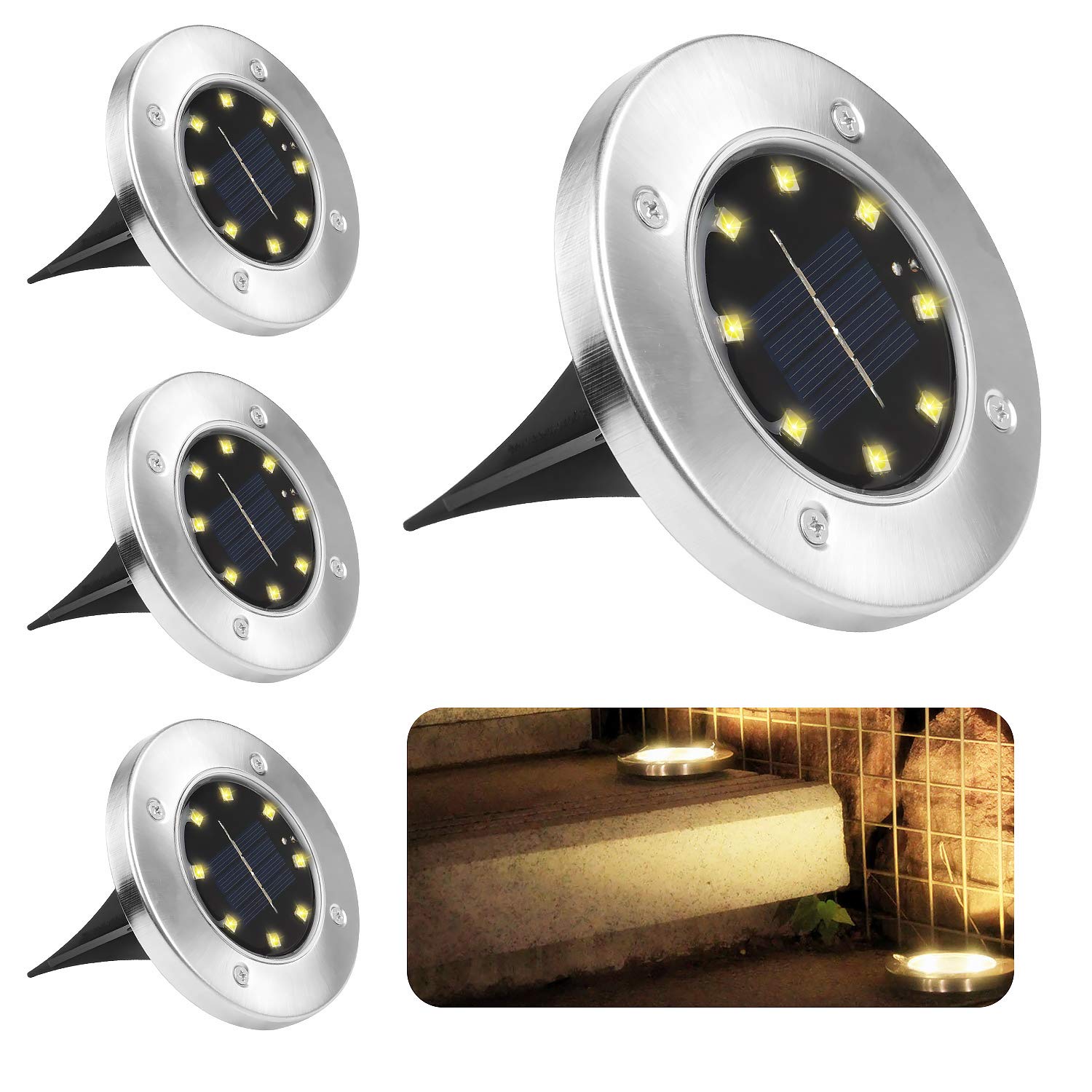 CPROSP 4PCS Solar Ground Lights Outdoor Garden, 8 LEDs, IP65 Waterproof, Warm White, Path Lights Solar Powered for Lawn Pathway Patio